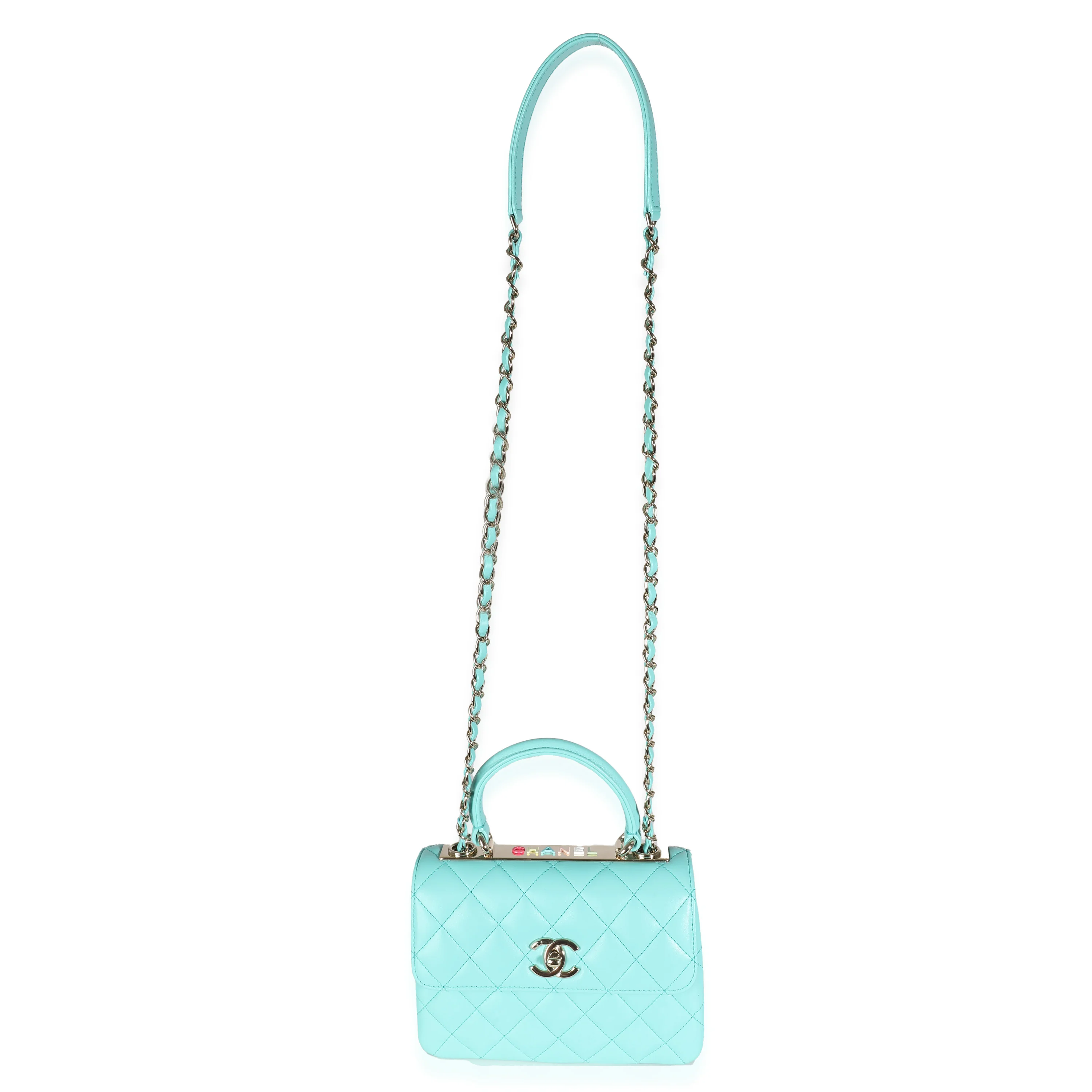 24C Turquoise Quilted Lambskin Mini Trendy Top Handle - Image 9