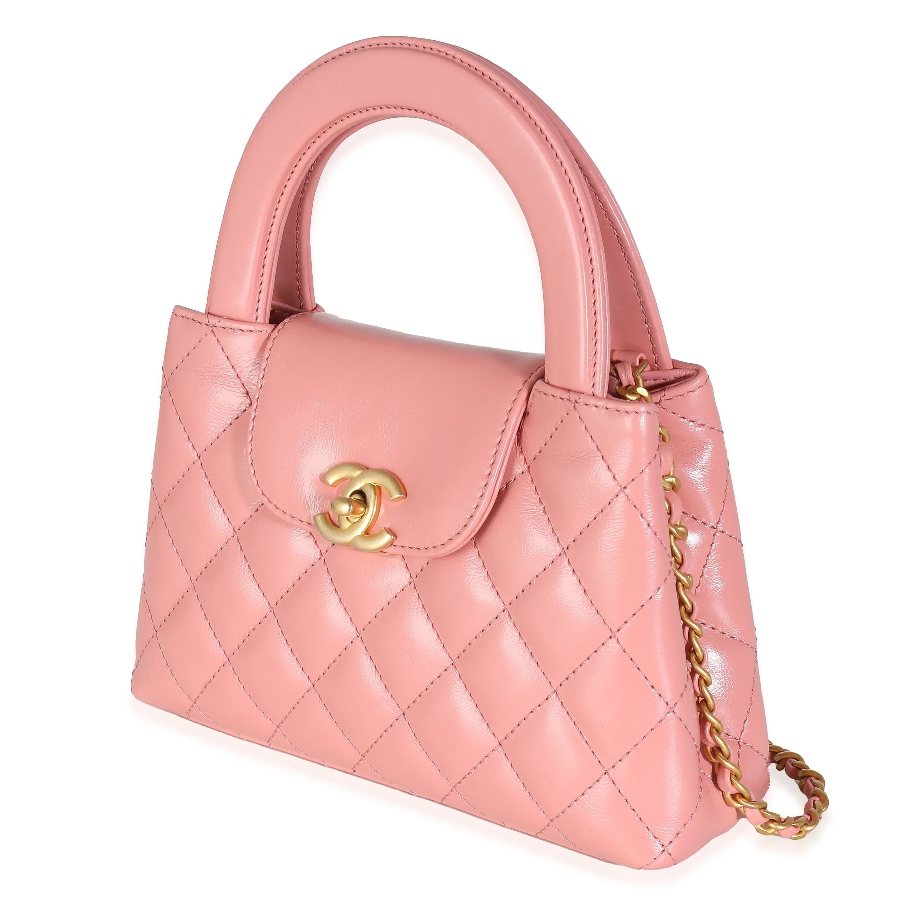 Pink Shiny Aged Calfskin Quilted Nano Kelly Shopper - Image 2