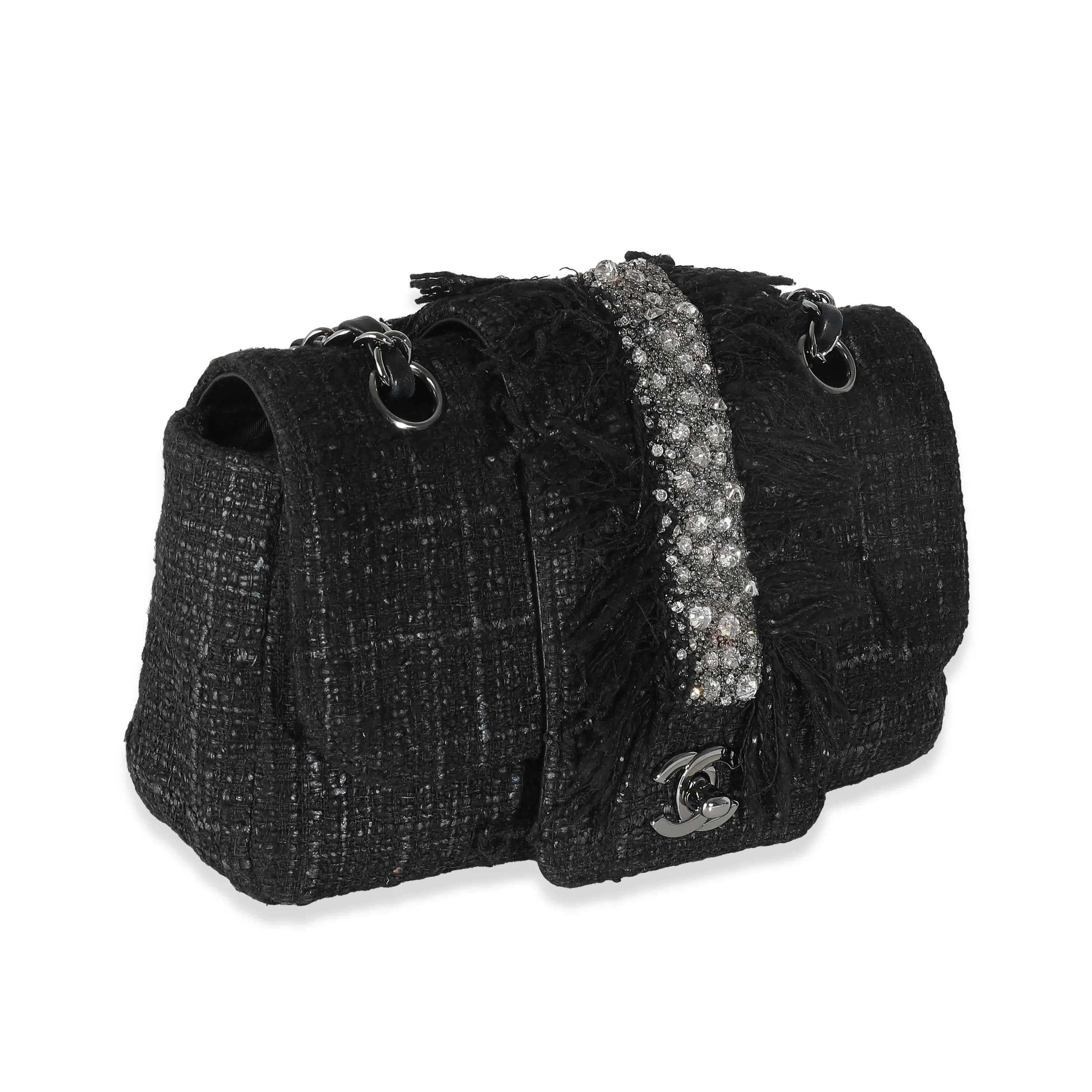 Black Tweed Swarovski Fringe Flap Bag - Image 3