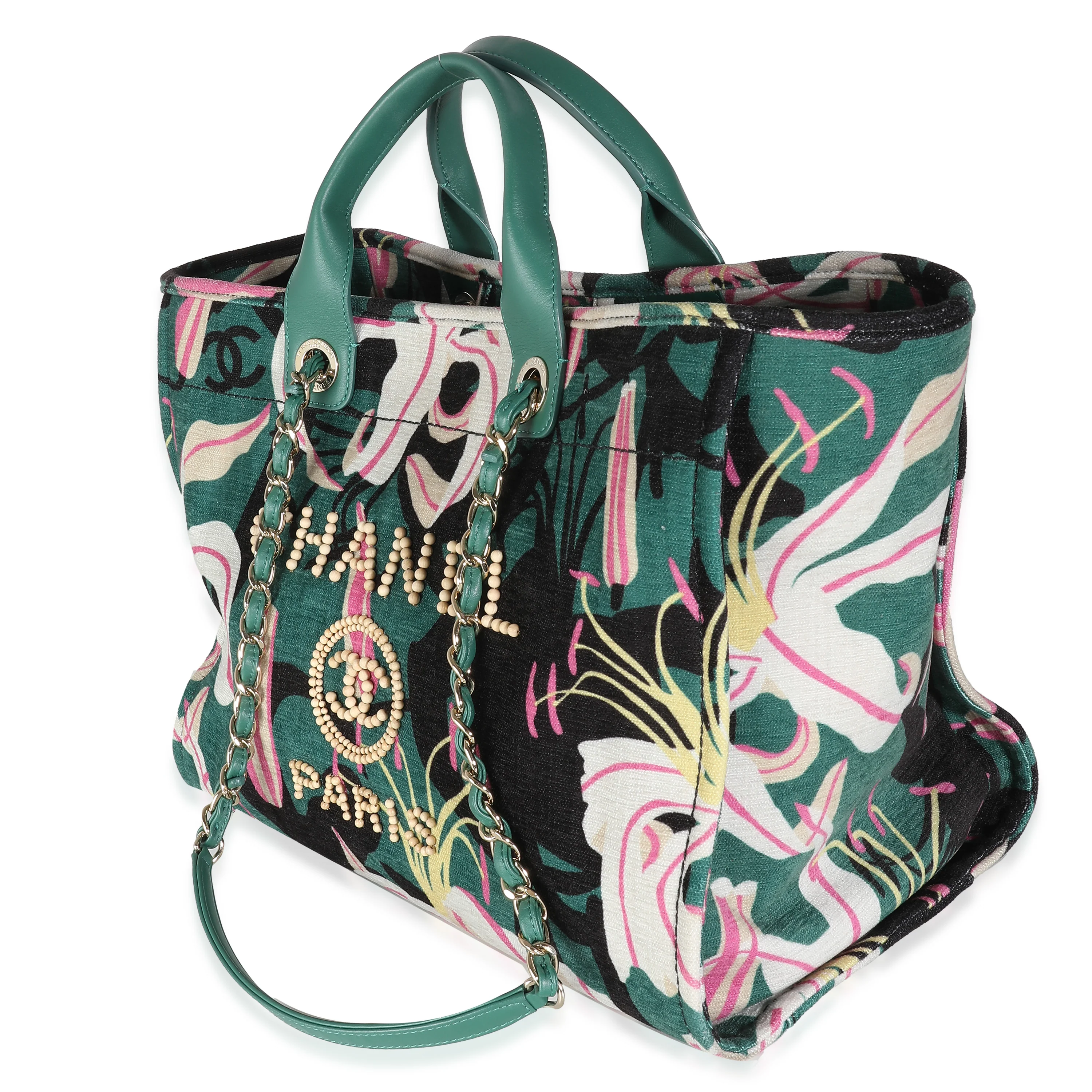 23A Green Pink Tropical Velvet Deauville Shopping Tote - Image 2