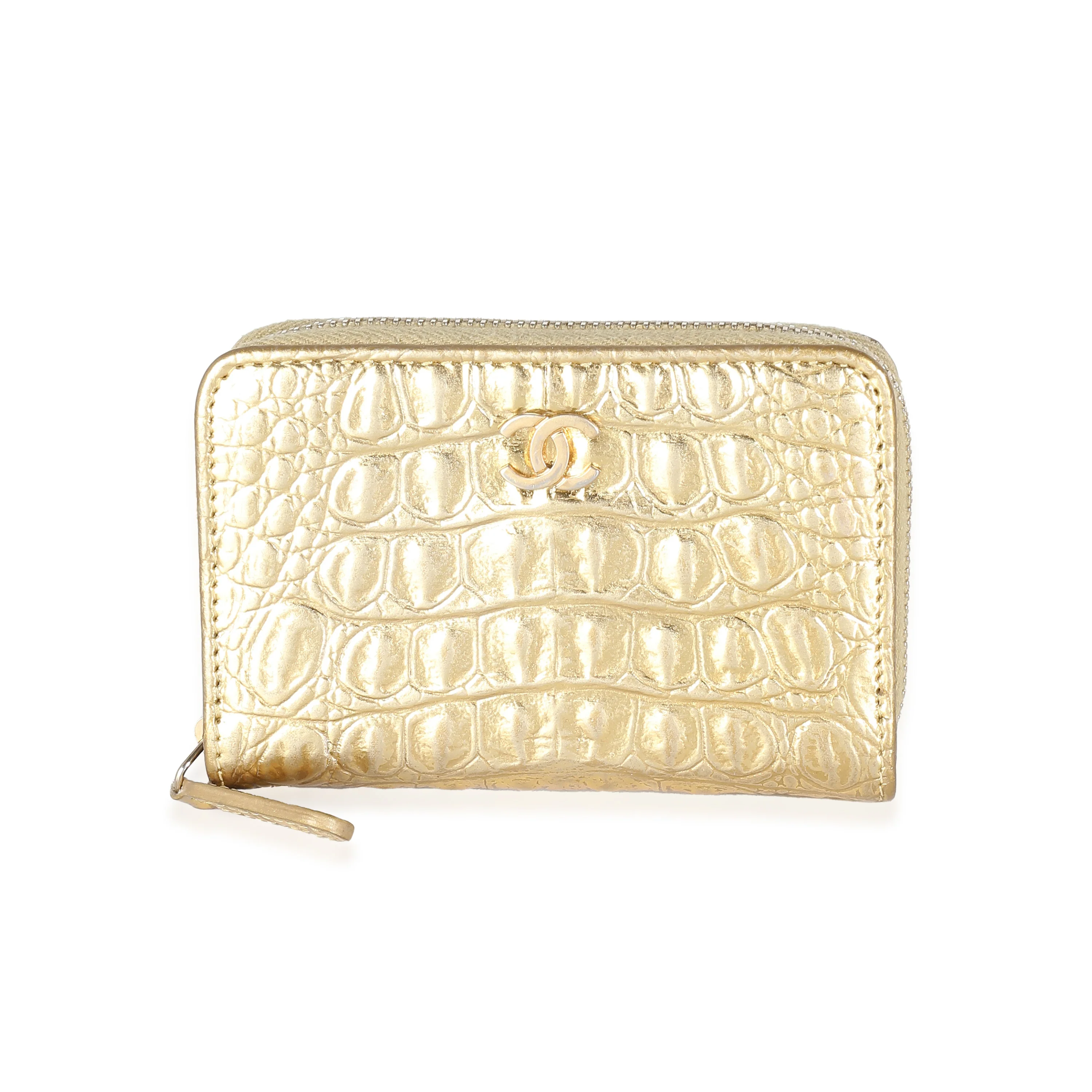 Gold Metallic Croc Embossed Calfskin Zip Around Card Case