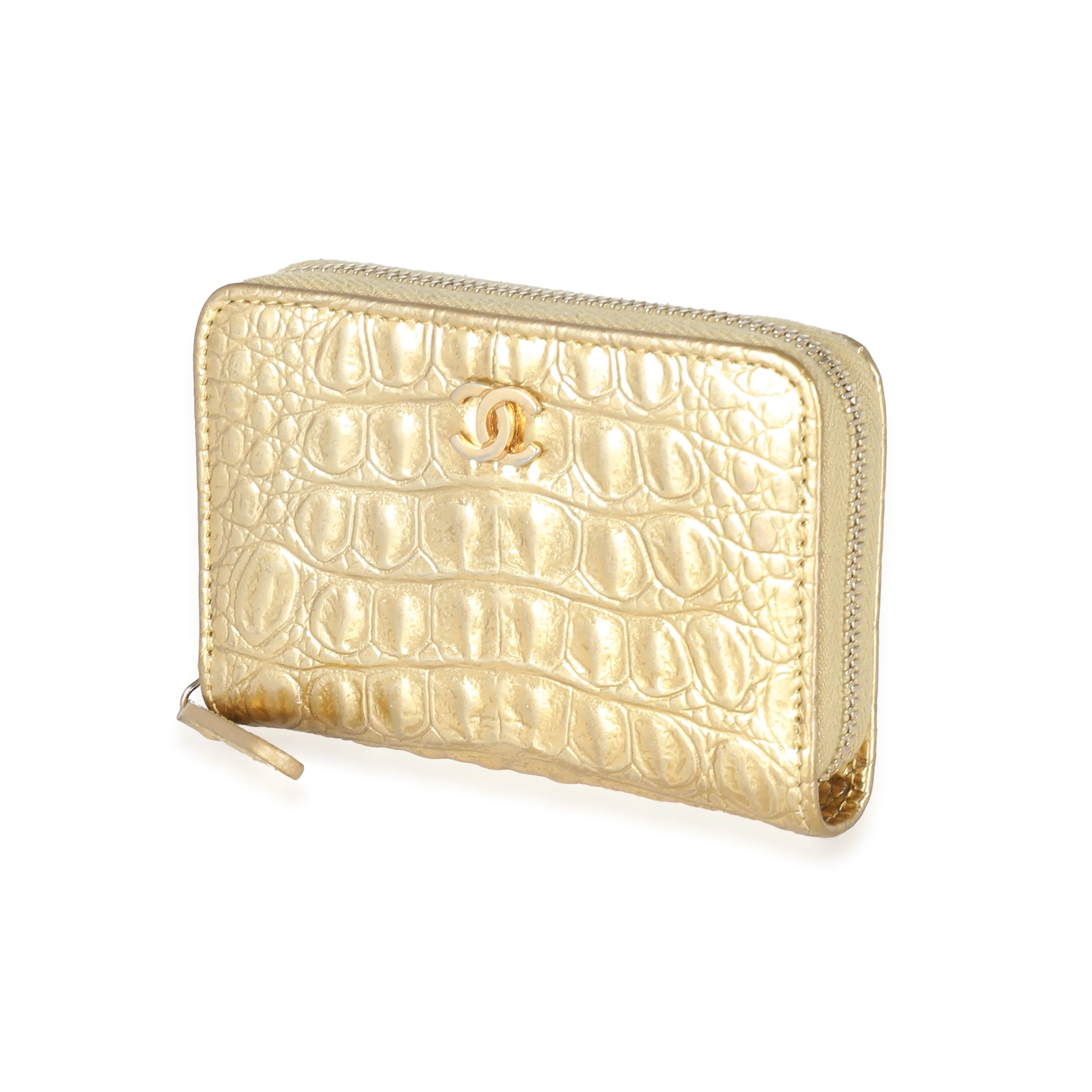 Gold Metallic Croc Embossed Calfskin Zip Around Card Case - Image 2