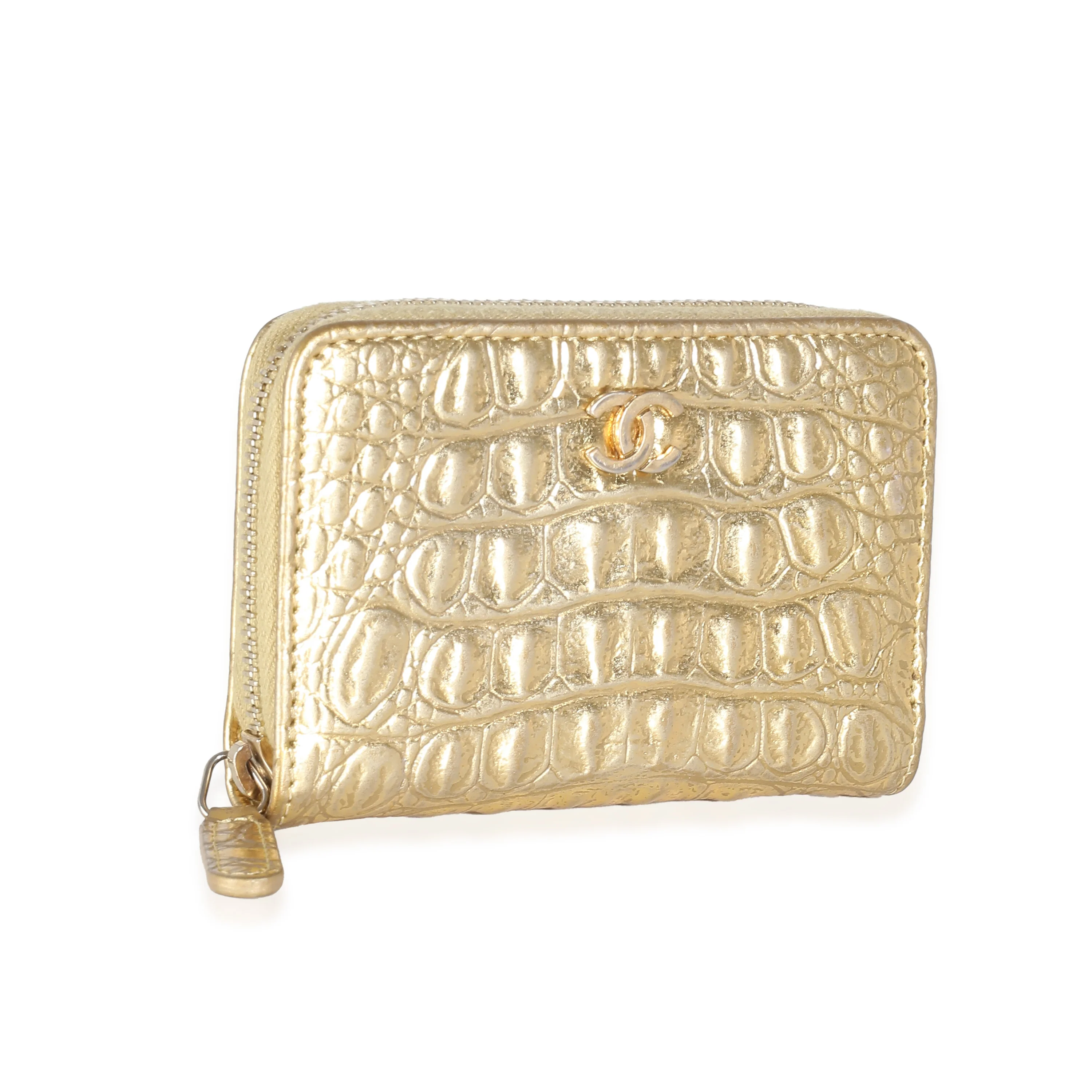 Gold Metallic Croc Embossed Calfskin Zip Around Card Case - Image 3