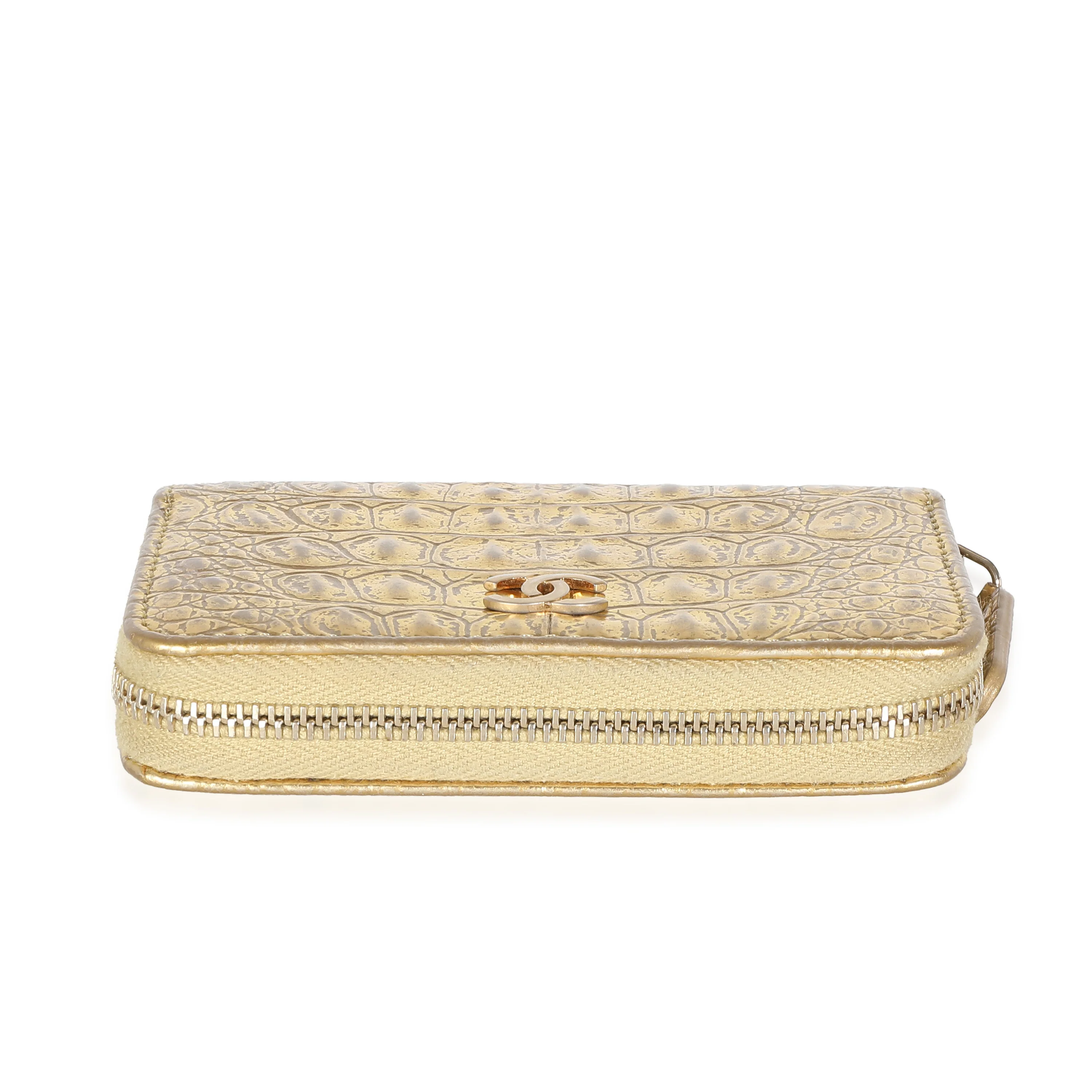 Gold Metallic Croc Embossed Calfskin Zip Around Card Case - Image 4