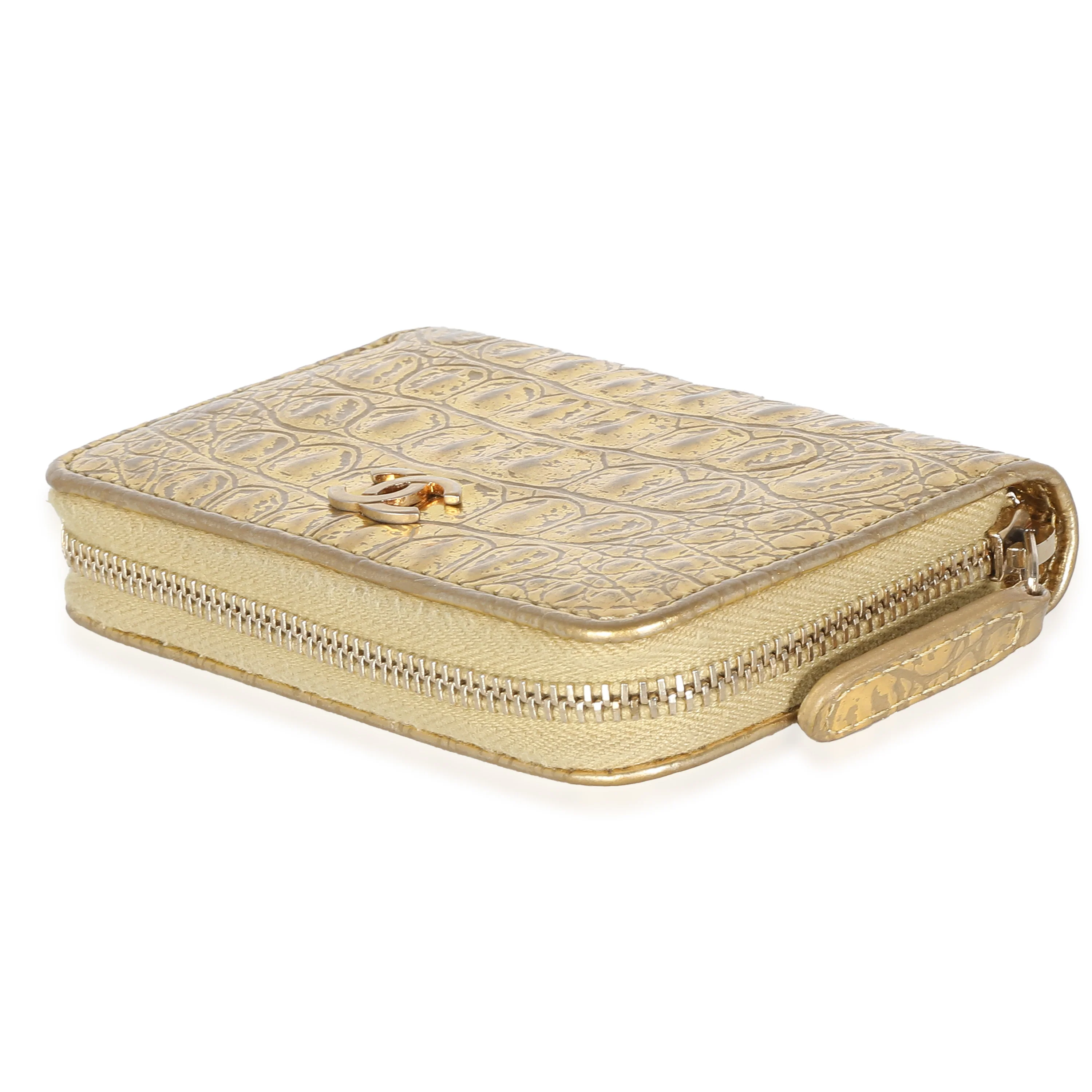 Gold Metallic Croc Embossed Calfskin Zip Around Card Case - Image 5