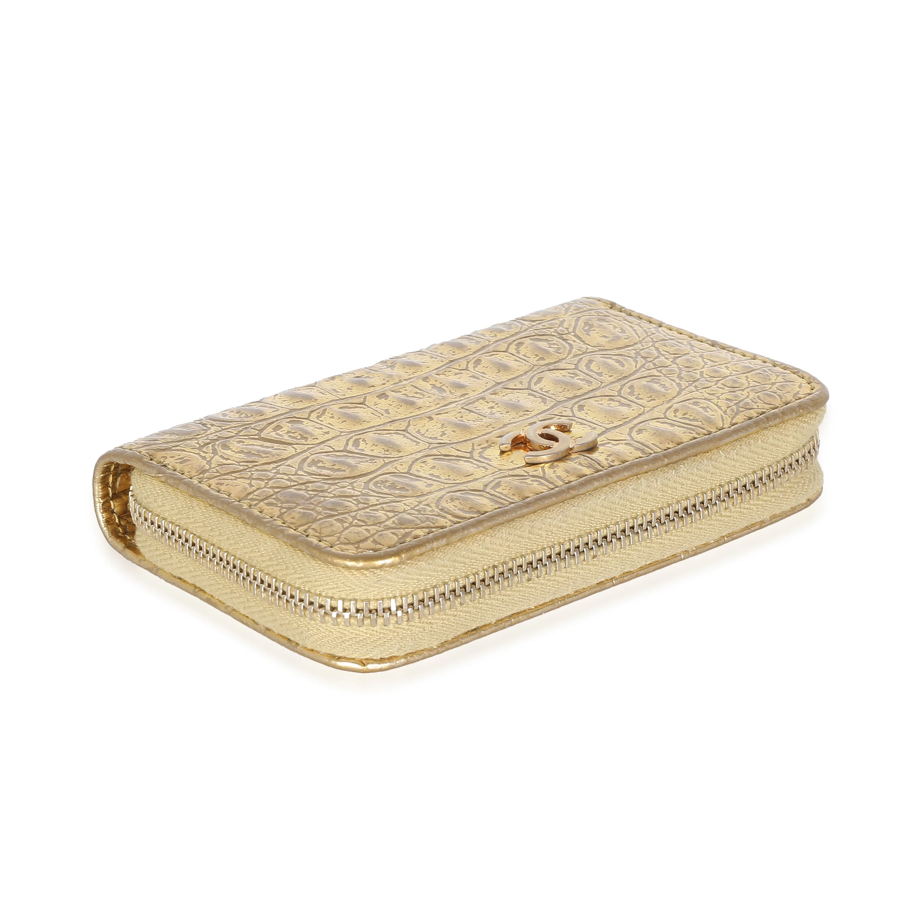 Gold Metallic Croc Embossed Calfskin Zip Around Card Case - Image 7