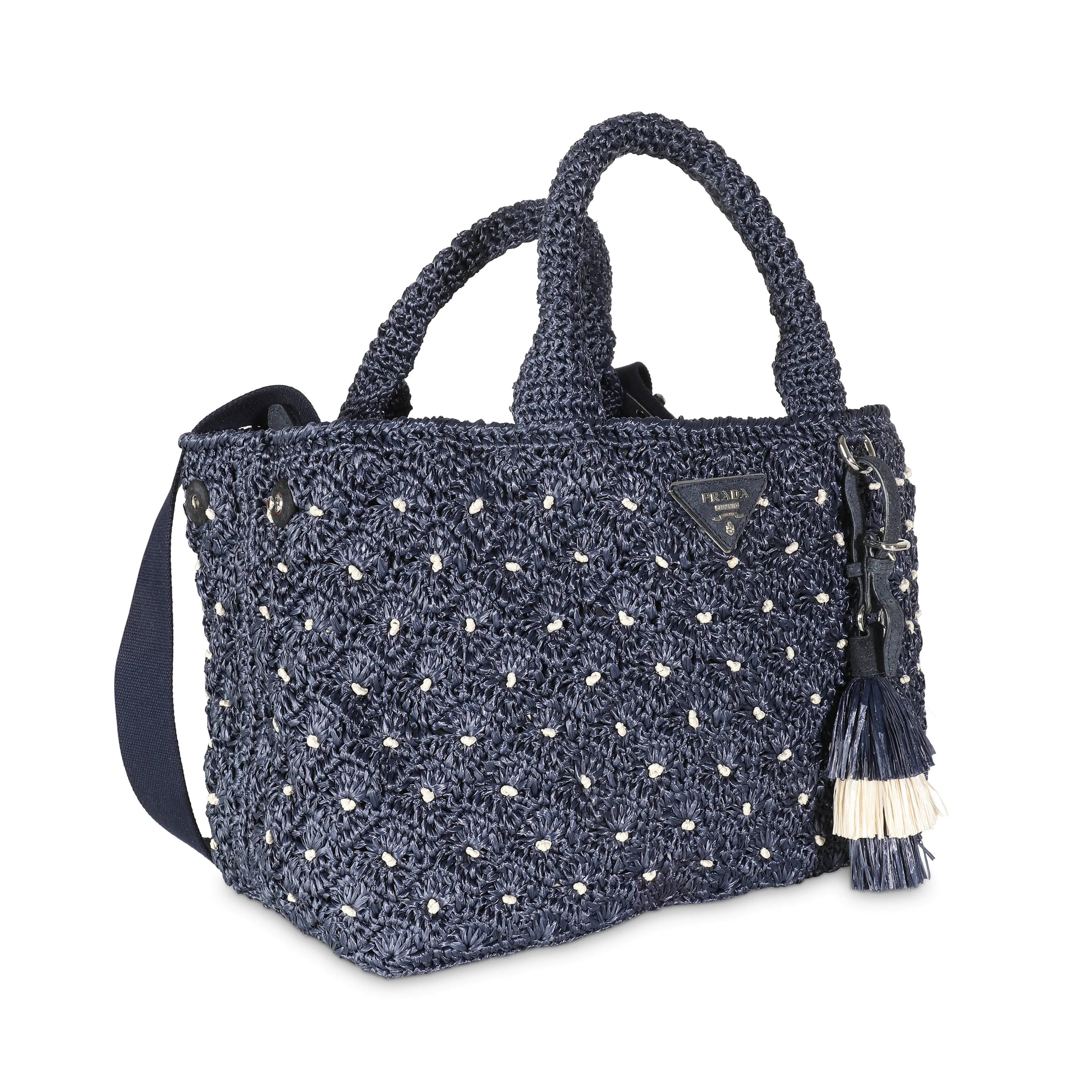 Navy Crochet Woven Raffia Small Canapa Tote - Image 3