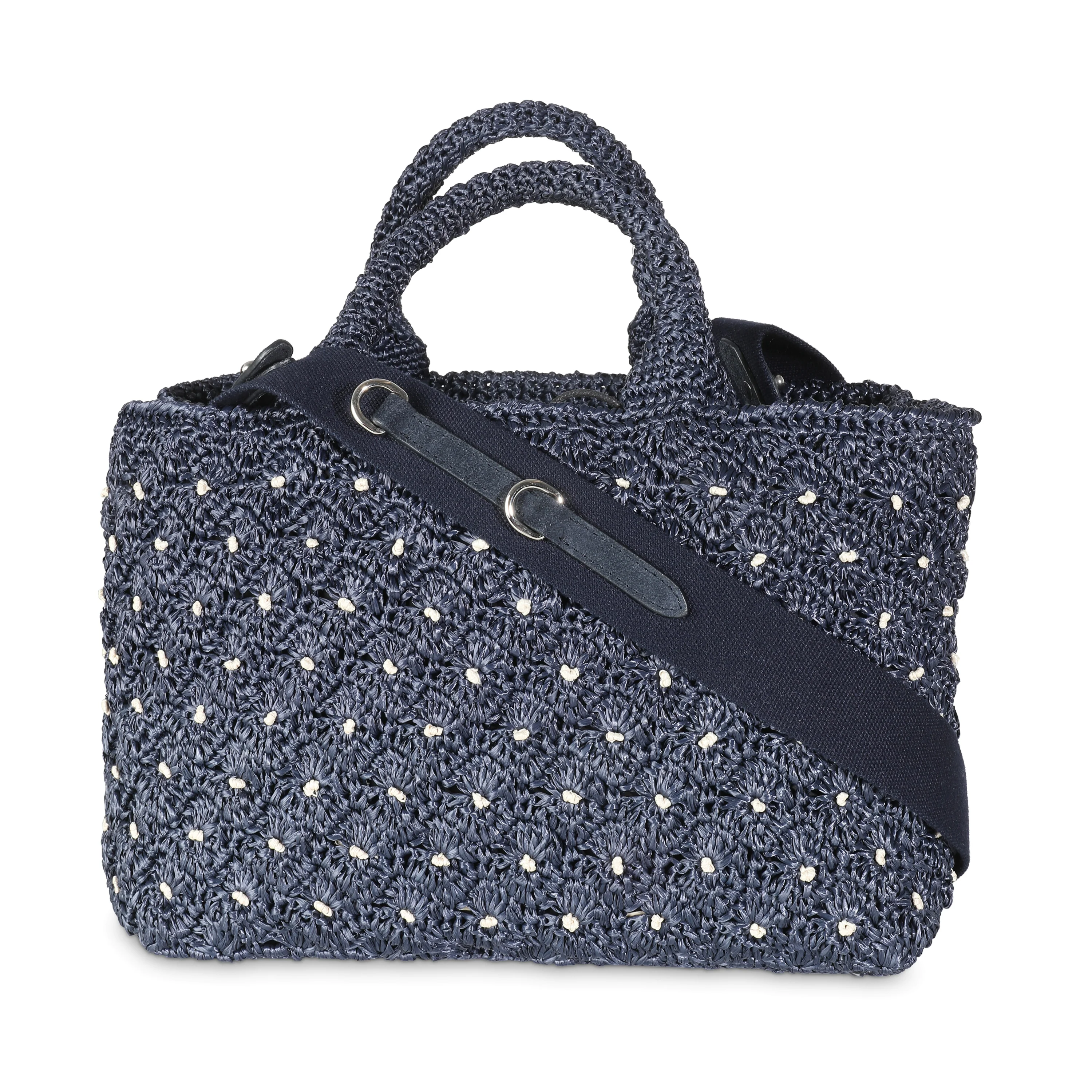 Navy Crochet Woven Raffia Small Canapa Tote - Image 4