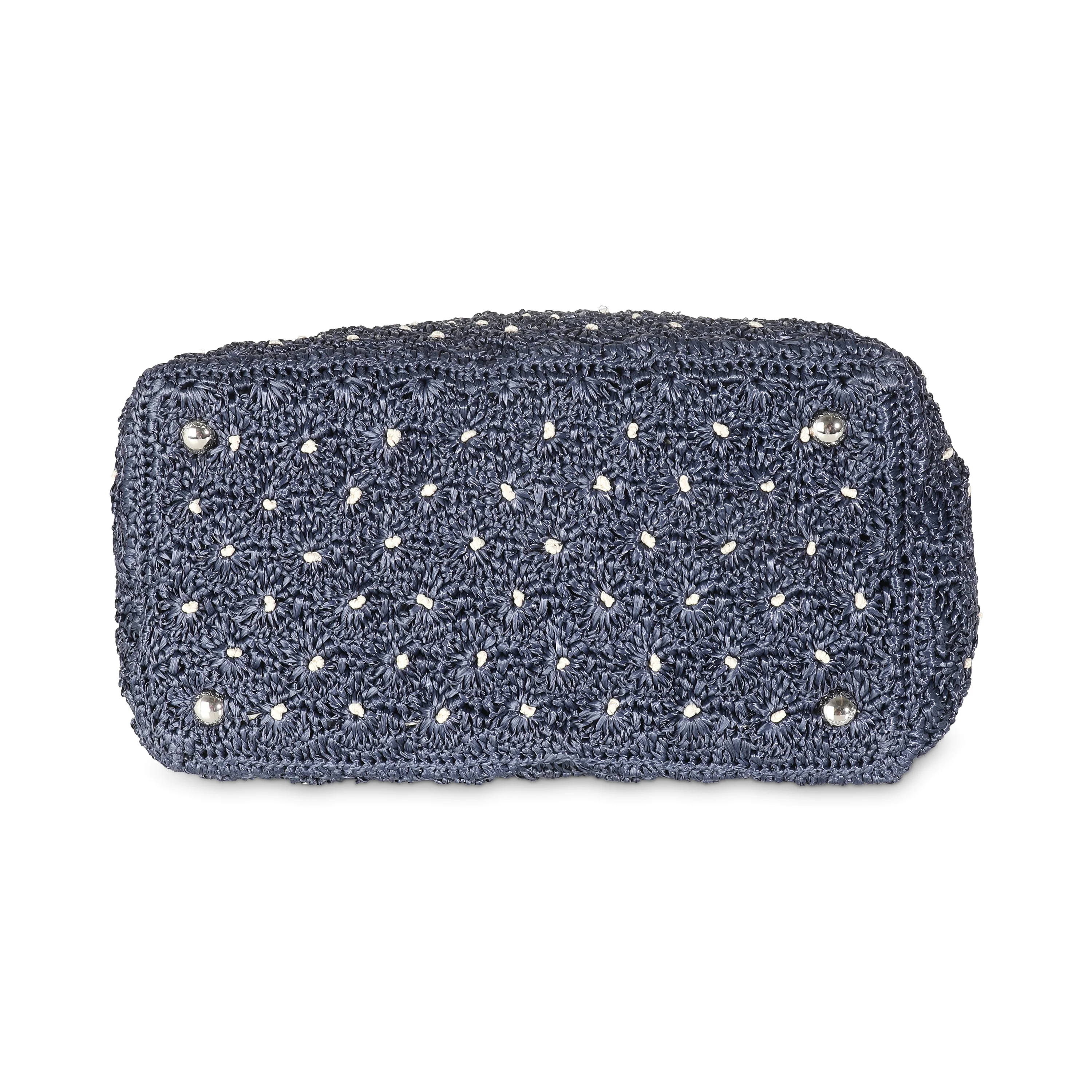 Navy Crochet Woven Raffia Small Canapa Tote - Image 5