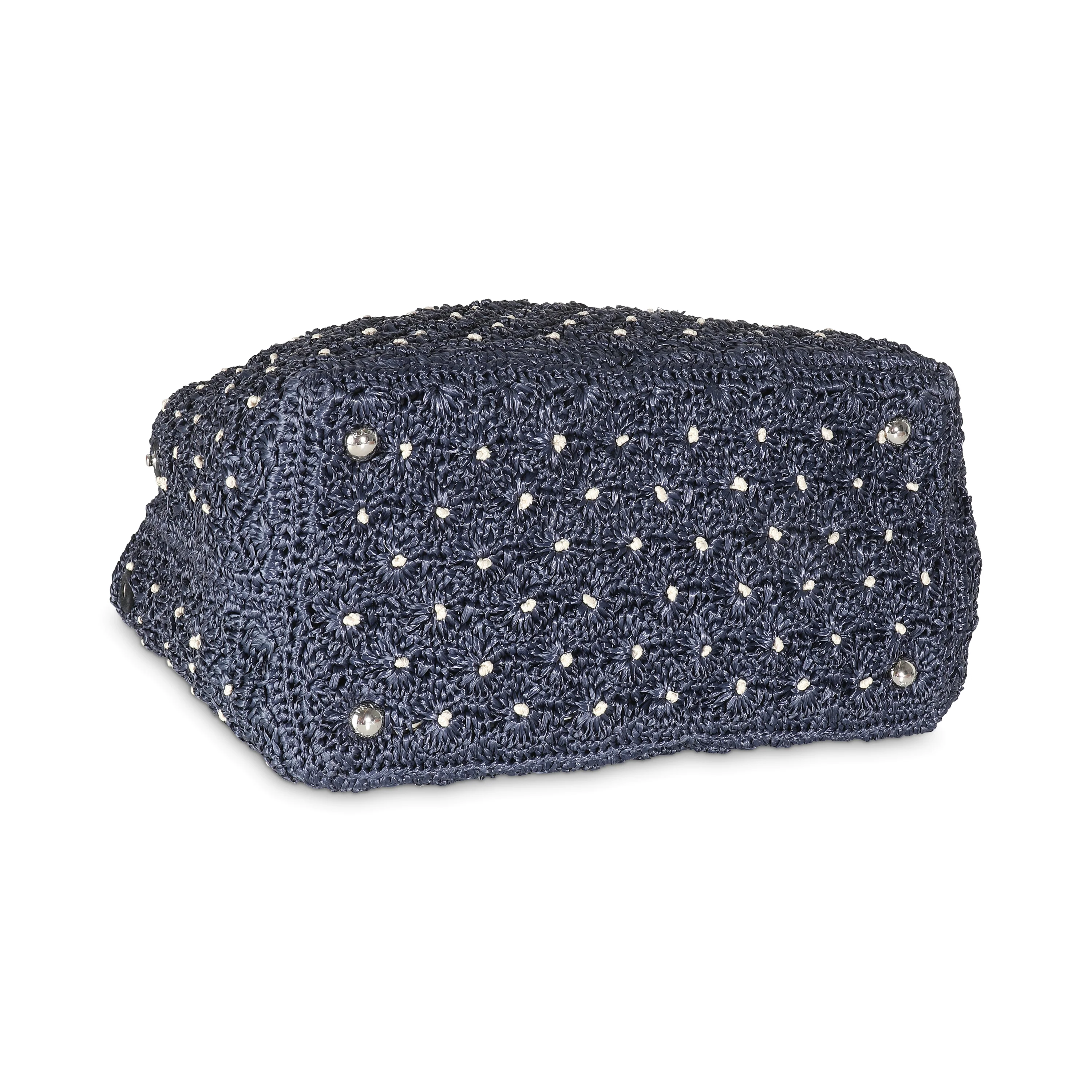 Navy Crochet Woven Raffia Small Canapa Tote - Image 6