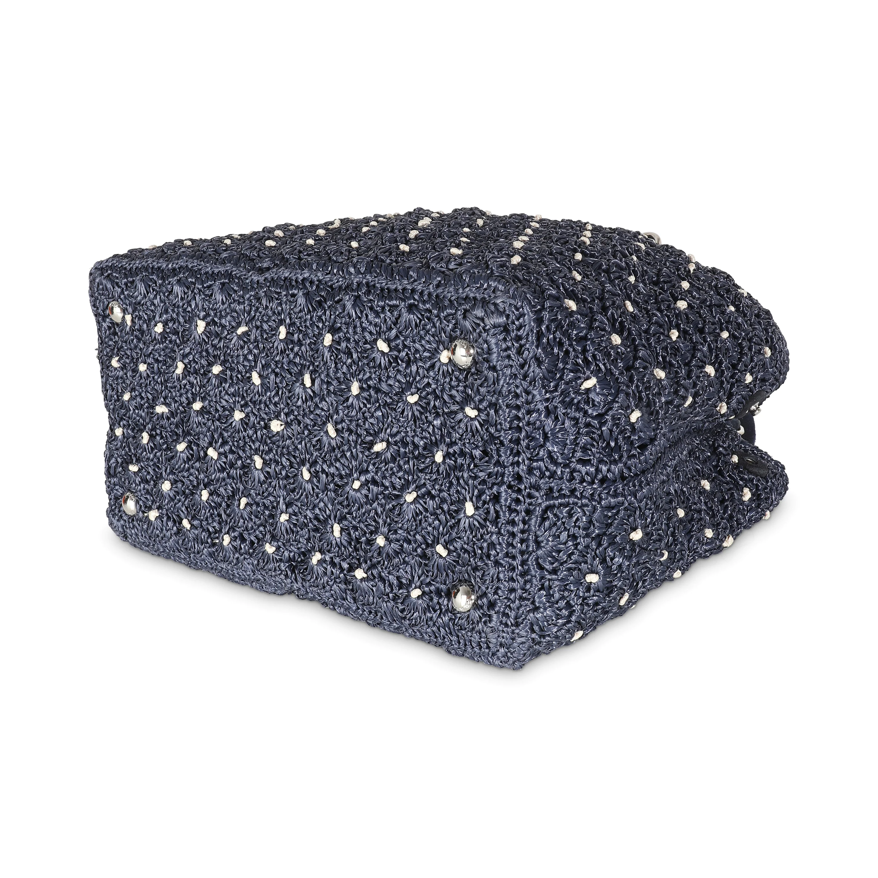 Navy Crochet Woven Raffia Small Canapa Tote - Image 7