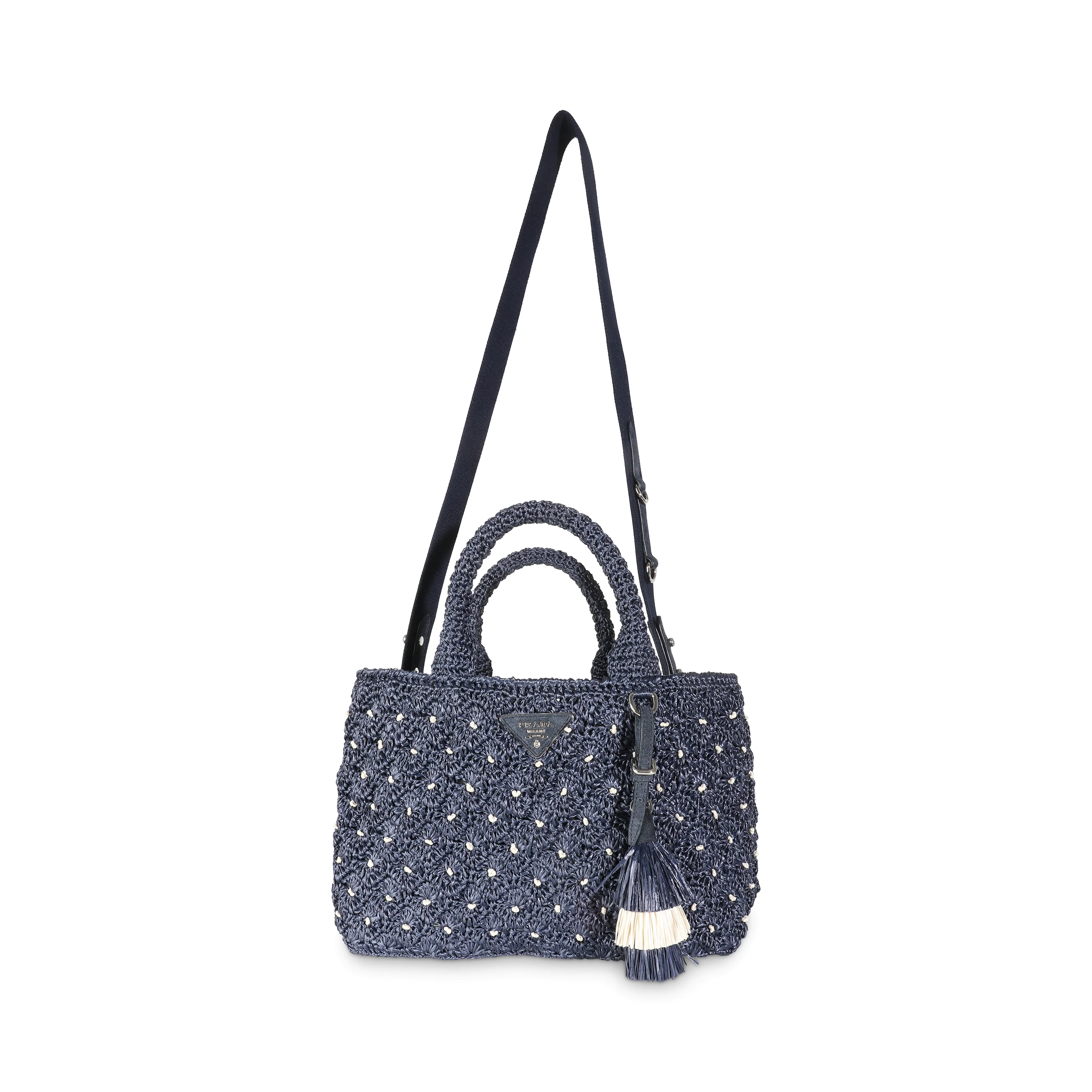 Navy Crochet Woven Raffia Small Canapa Tote - Image 8