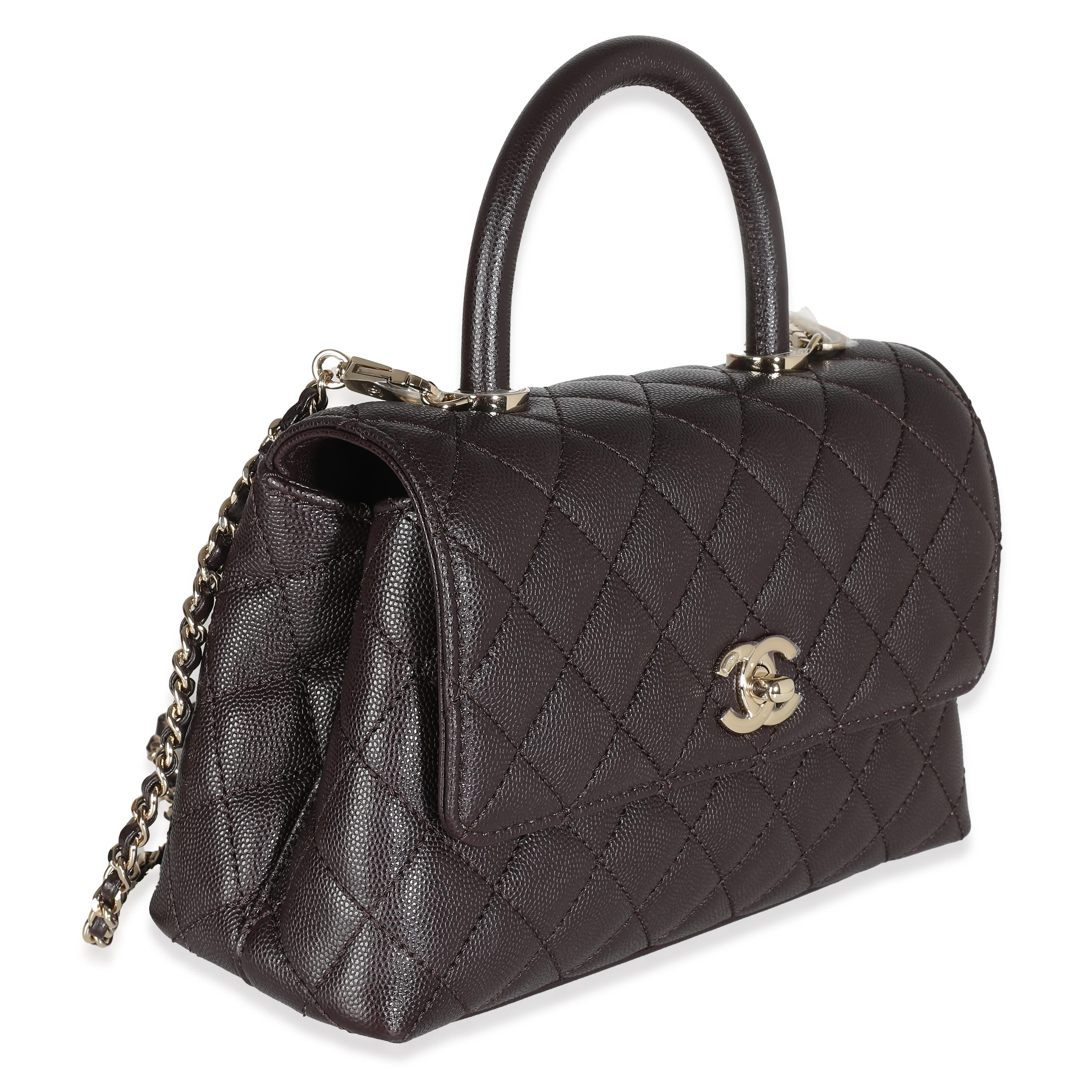 Dark Brown Quilted Caviar Small Coco Top Handle Bag - Image 3