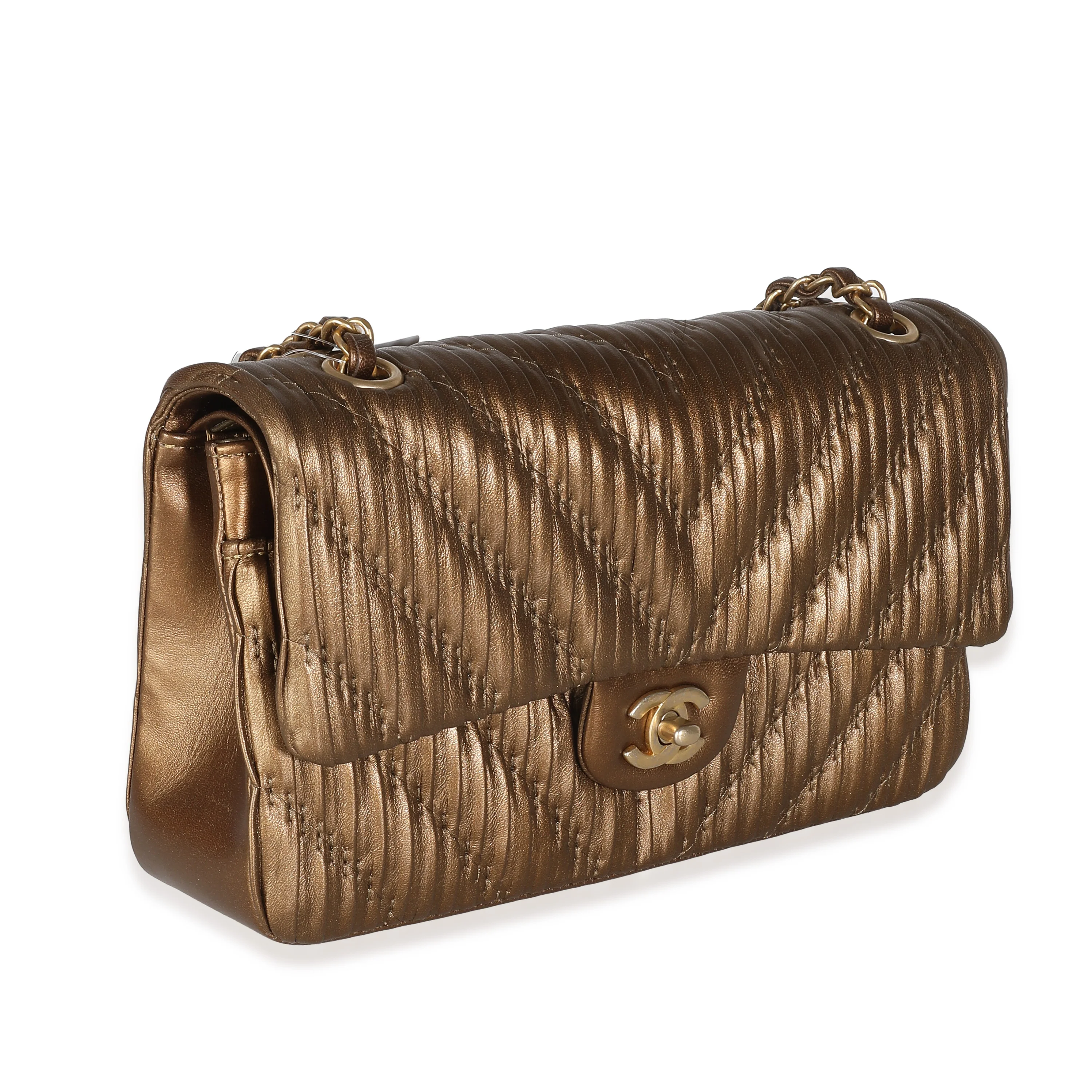 18C Bronze Chevron Pleated Calfskin Medium Classic Double Flap Bag - Image 3