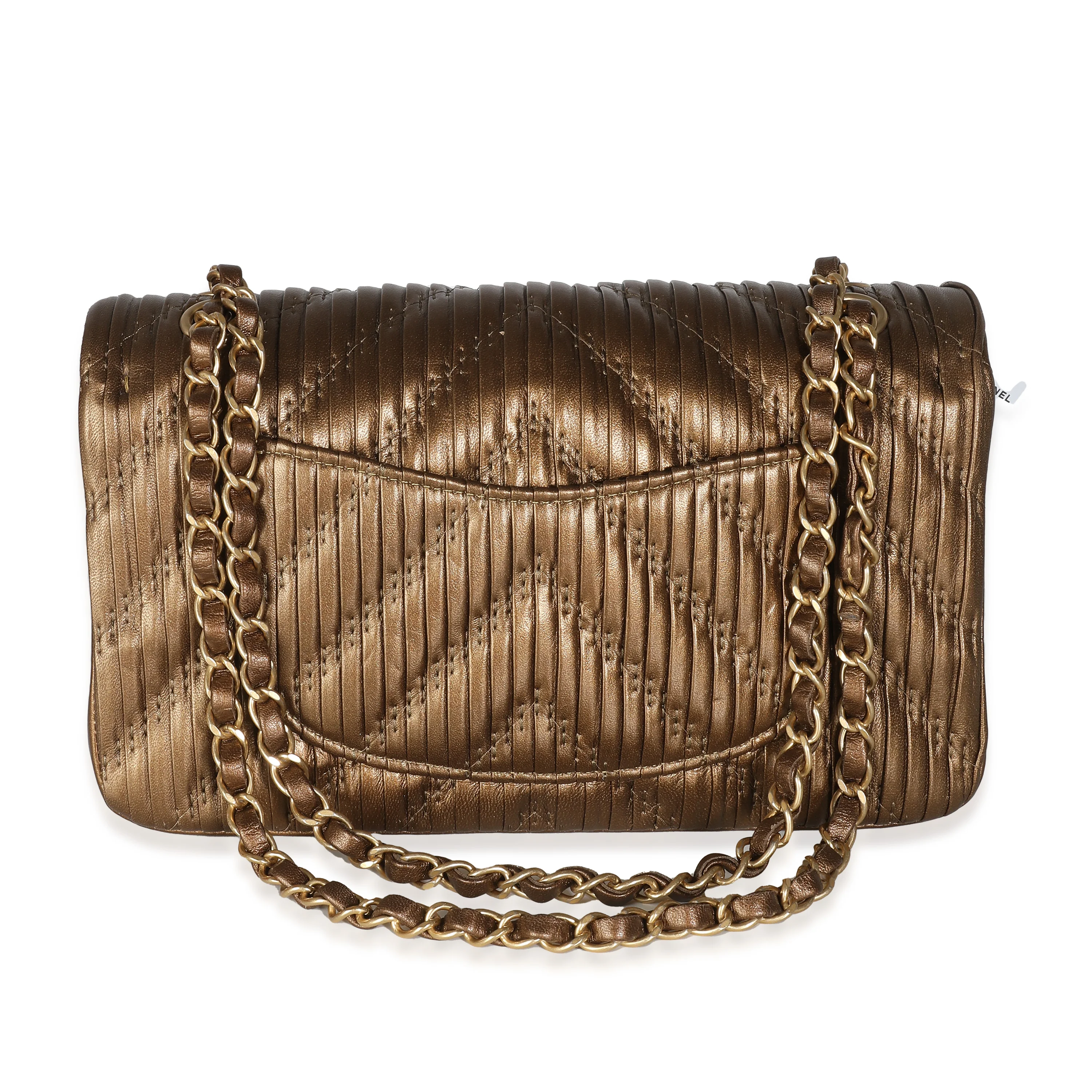 18C Bronze Chevron Pleated Calfskin Medium Classic Double Flap Bag - Image 4