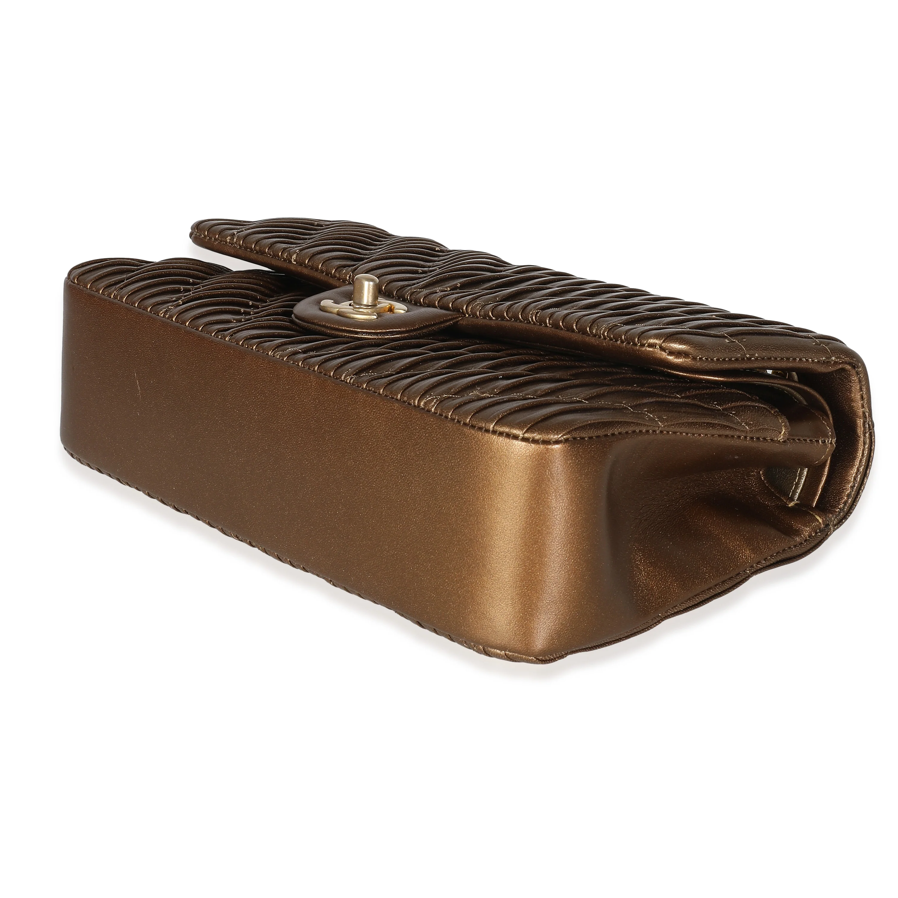 18C Bronze Chevron Pleated Calfskin Medium Classic Double Flap Bag - Image 7