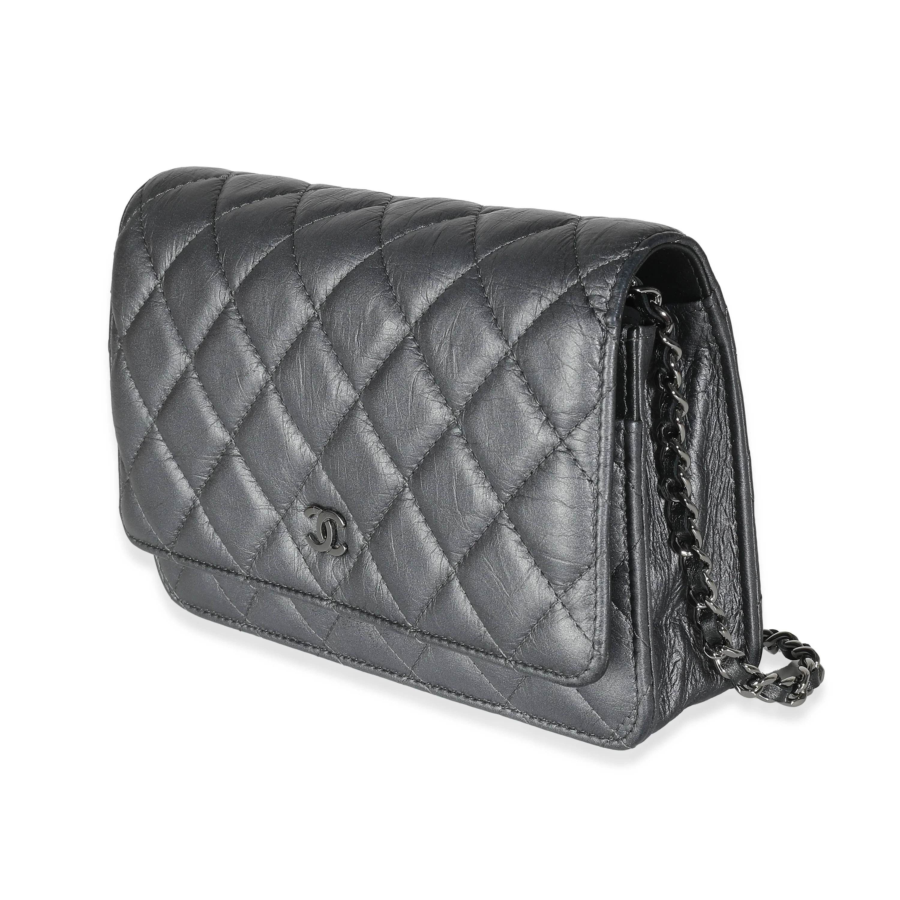 Dark Silver Iridescent Aged Quilted Calfskin Tassel Wallet On Chain - Image 2
