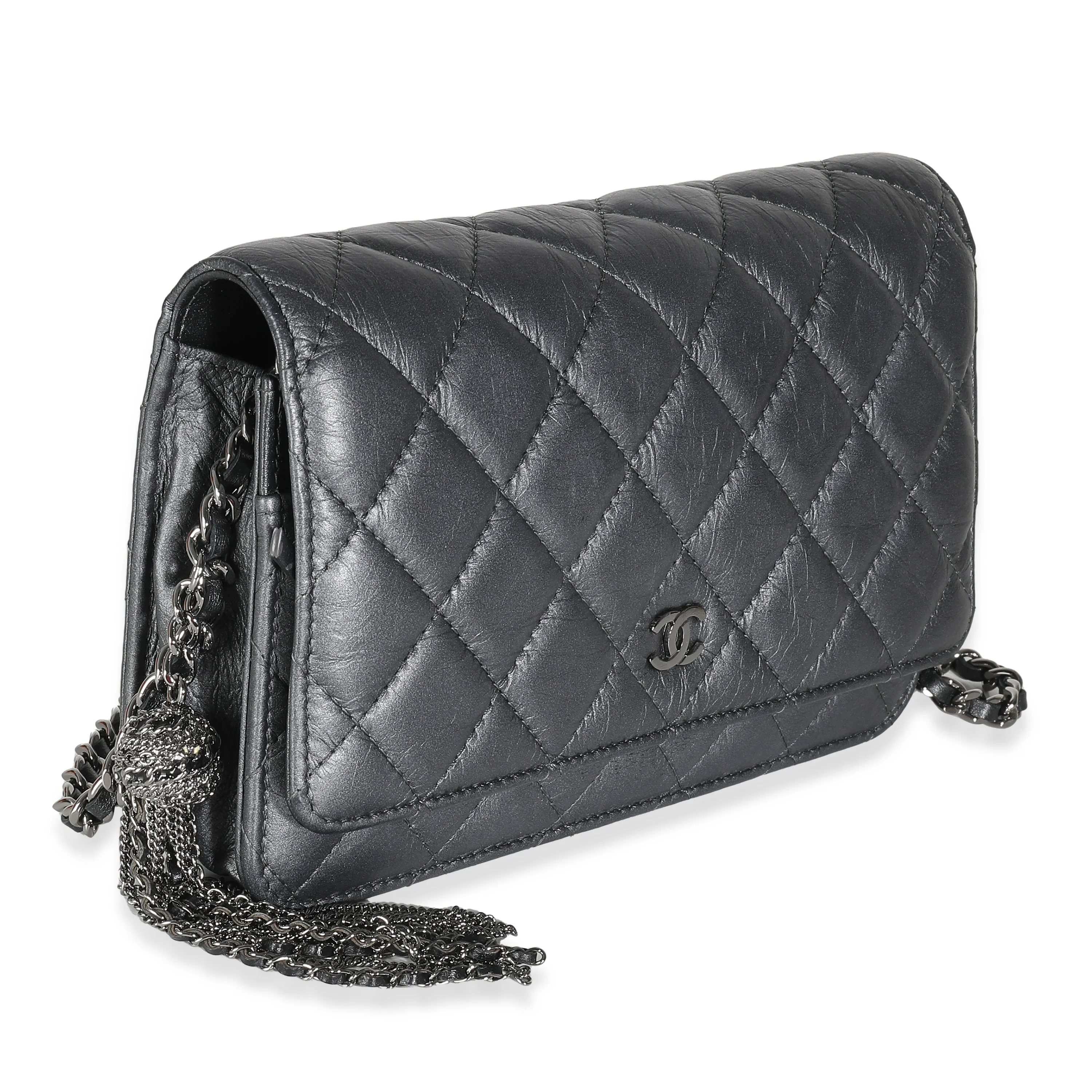 Dark Silver Iridescent Aged Quilted Calfskin Tassel Wallet On Chain - Image 3