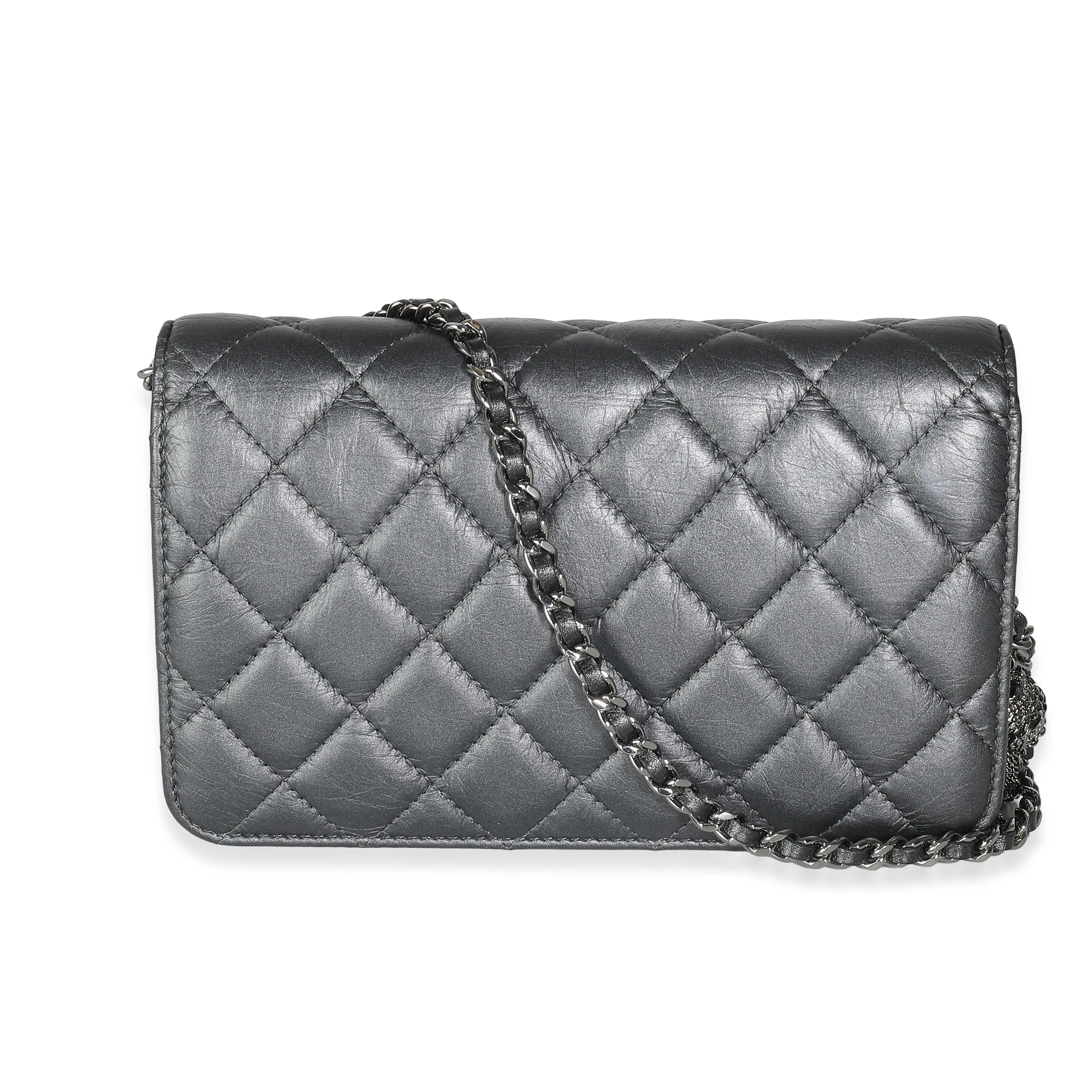 Dark Silver Iridescent Aged Quilted Calfskin Tassel Wallet On Chain - Image 4