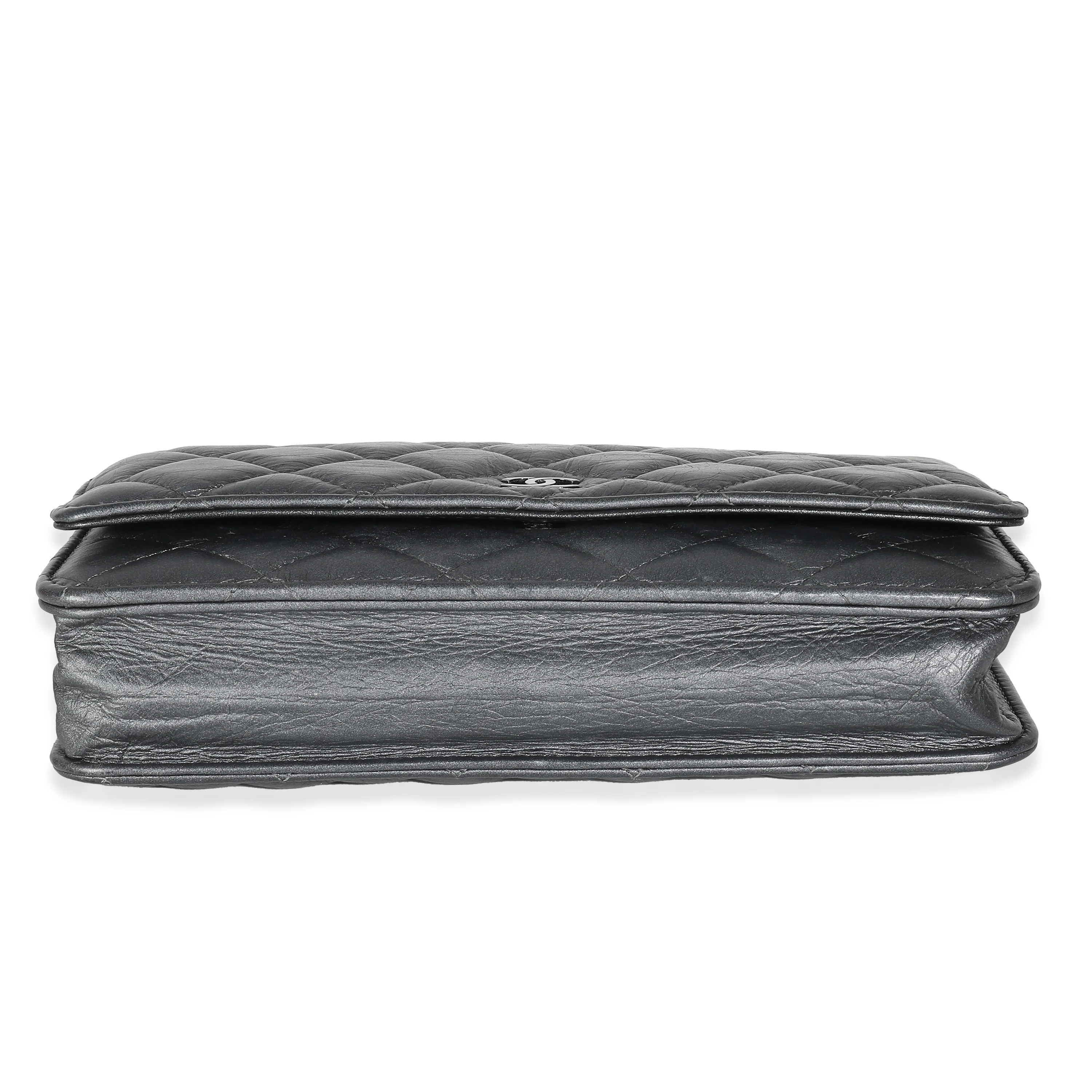Dark Silver Iridescent Aged Quilted Calfskin Tassel Wallet On Chain - Image 5