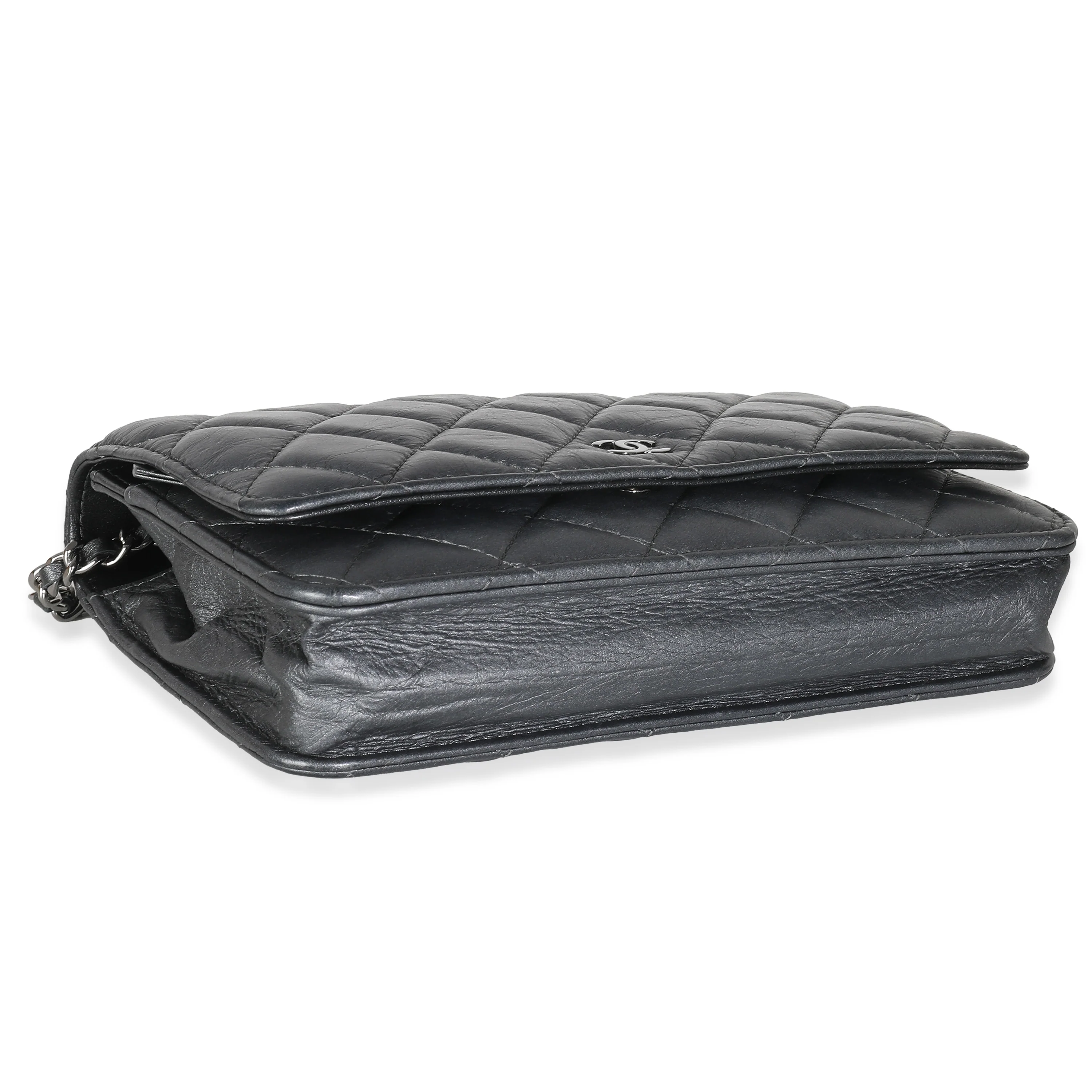 Dark Silver Iridescent Aged Quilted Calfskin Tassel Wallet On Chain - Image 6
