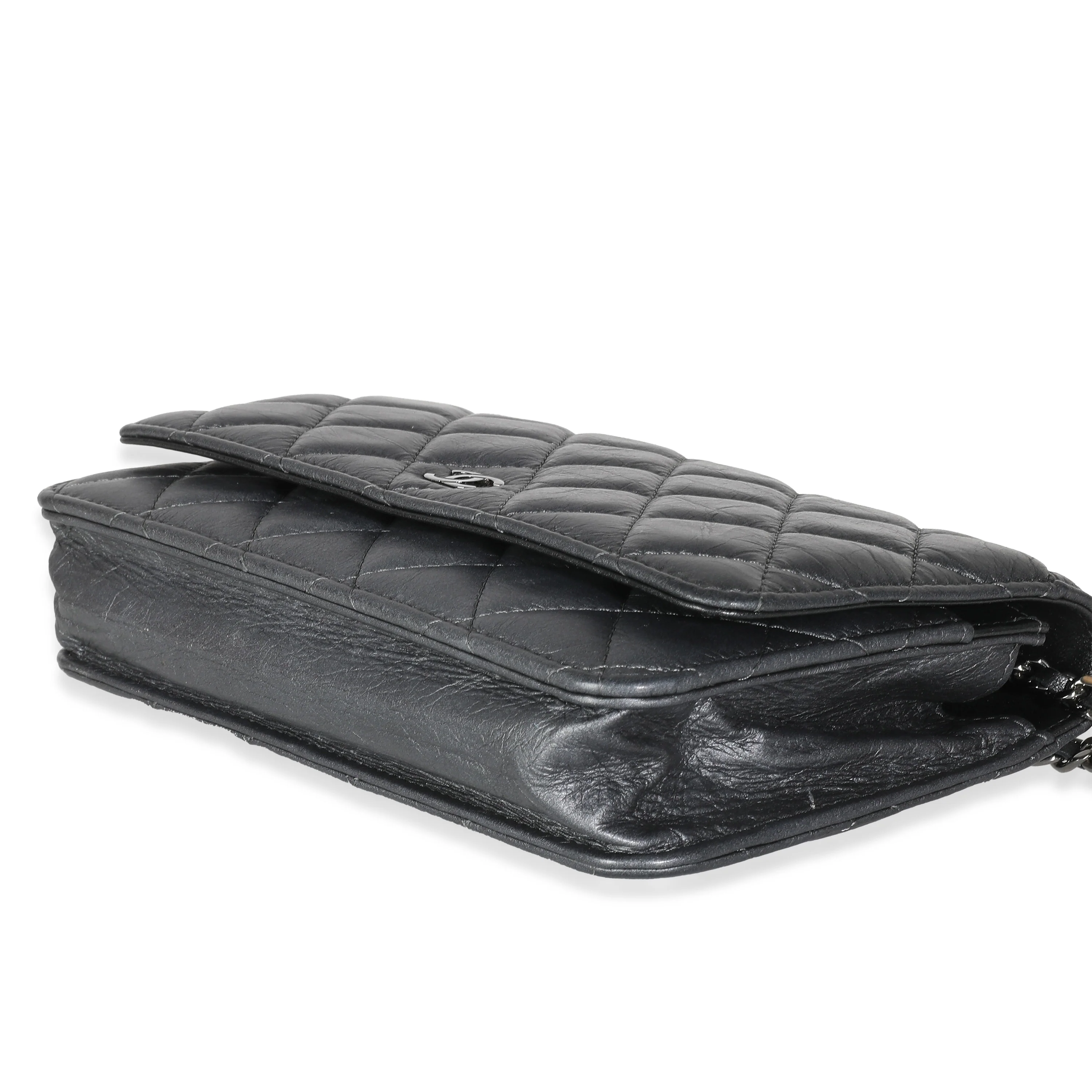 Dark Silver Iridescent Aged Quilted Calfskin Tassel Wallet On Chain - Image 7