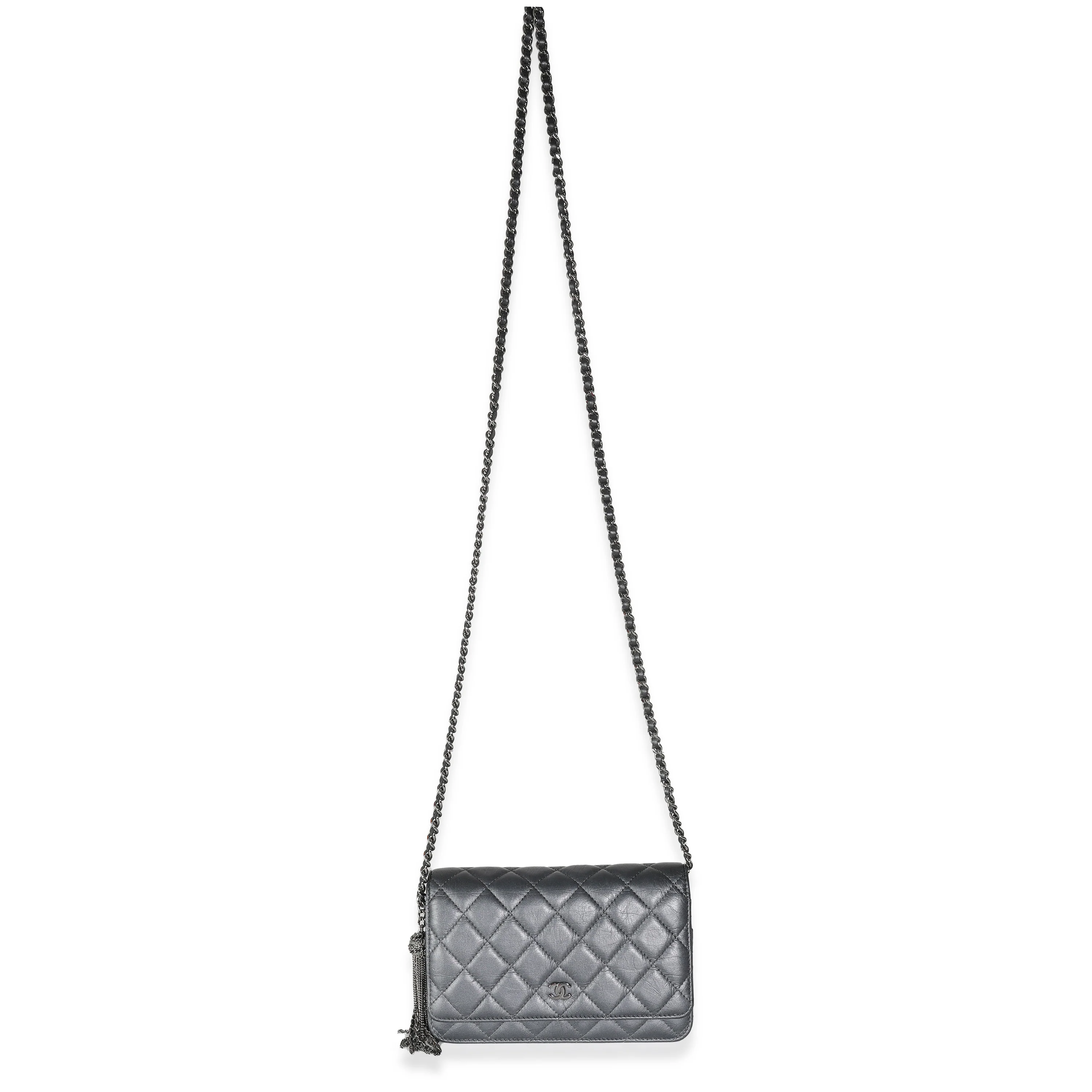 Dark Silver Iridescent Aged Quilted Calfskin Tassel Wallet On Chain - Image 8