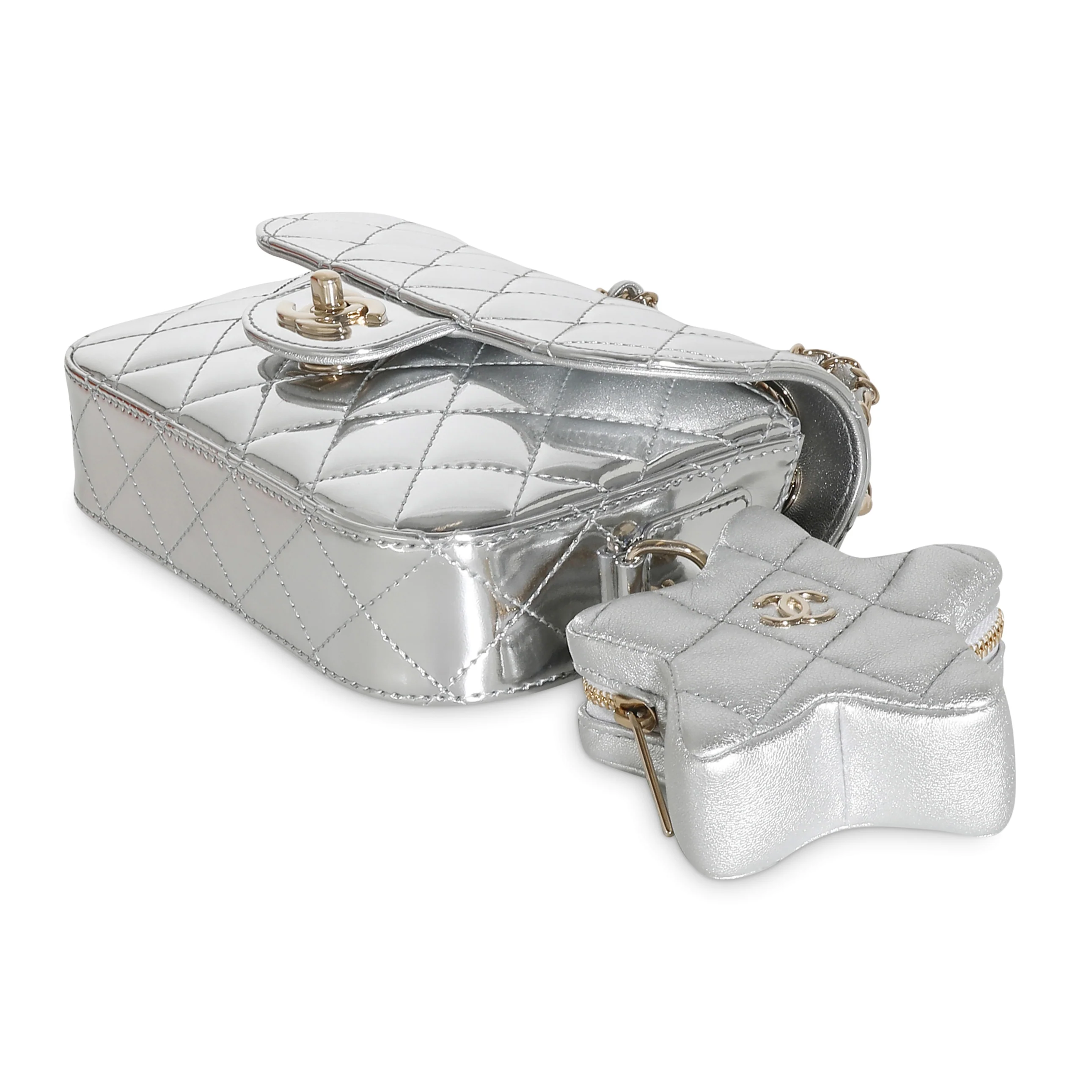24C Silver Mirror Calfskin Star Coin Purse Mini Flap Bag - Image 7