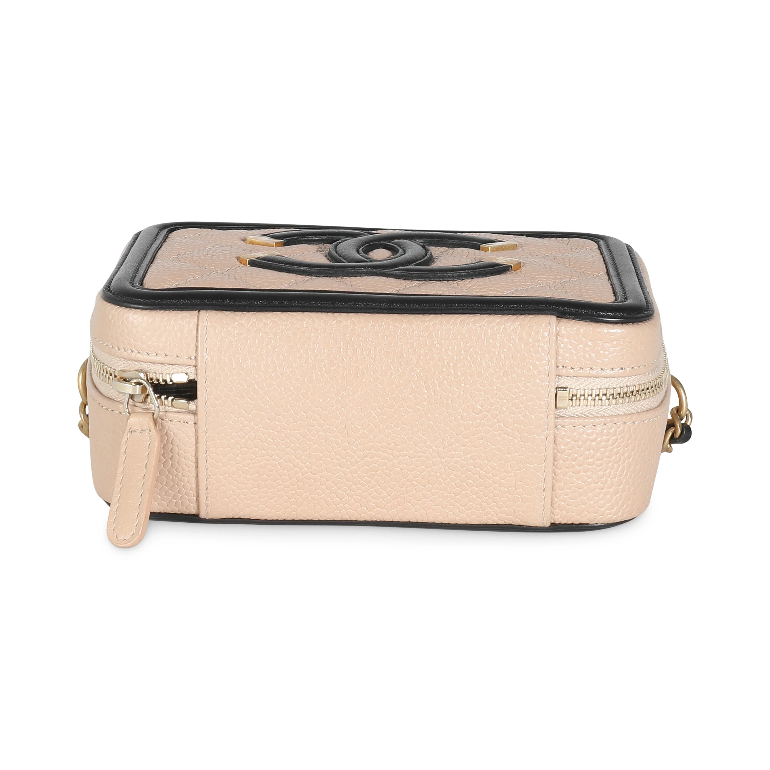 Beige Black Quilted Caviar Mini Filigree Vanity Clutch With Chain - Image 5