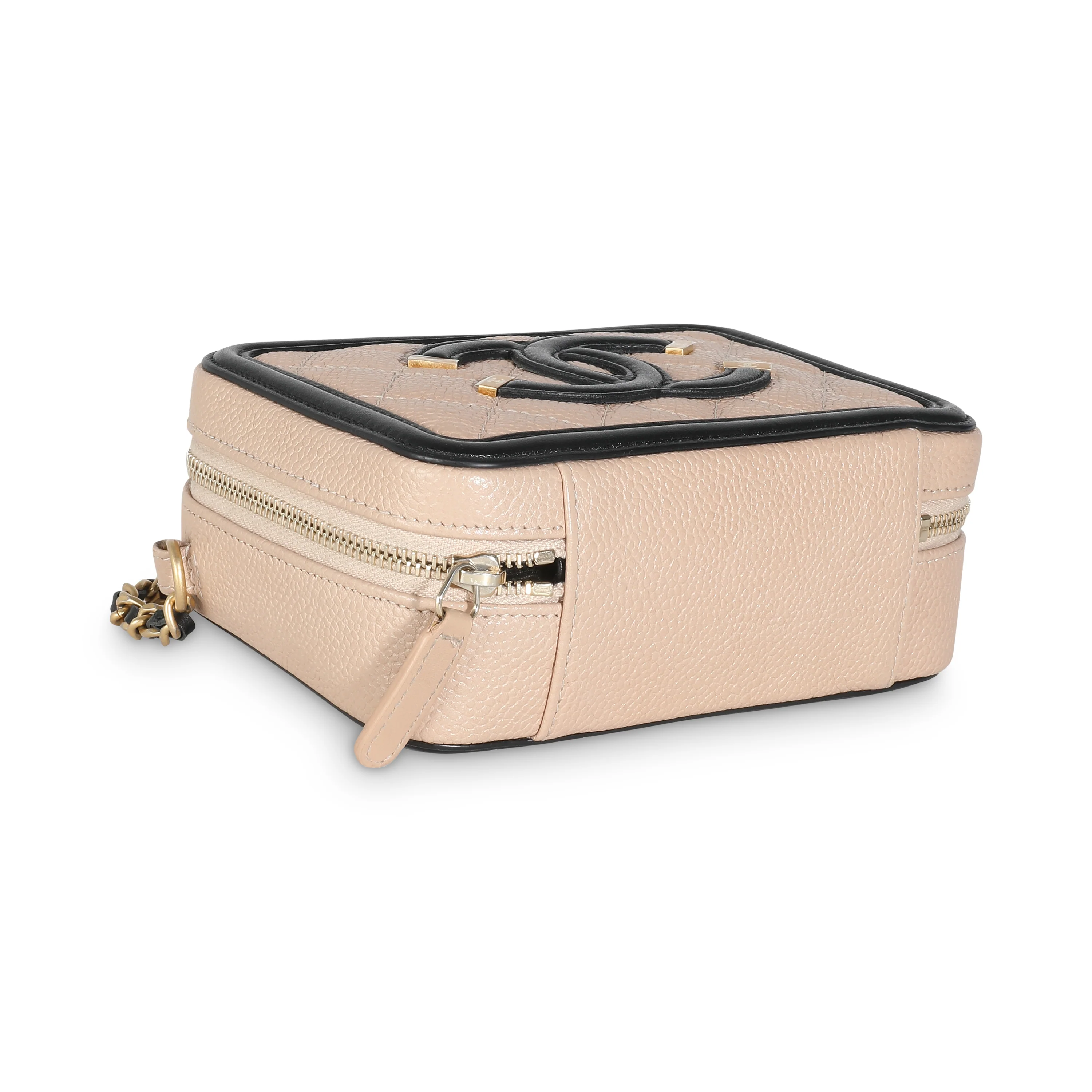 Beige Black Quilted Caviar Mini Filigree Vanity Clutch With Chain - Image 7