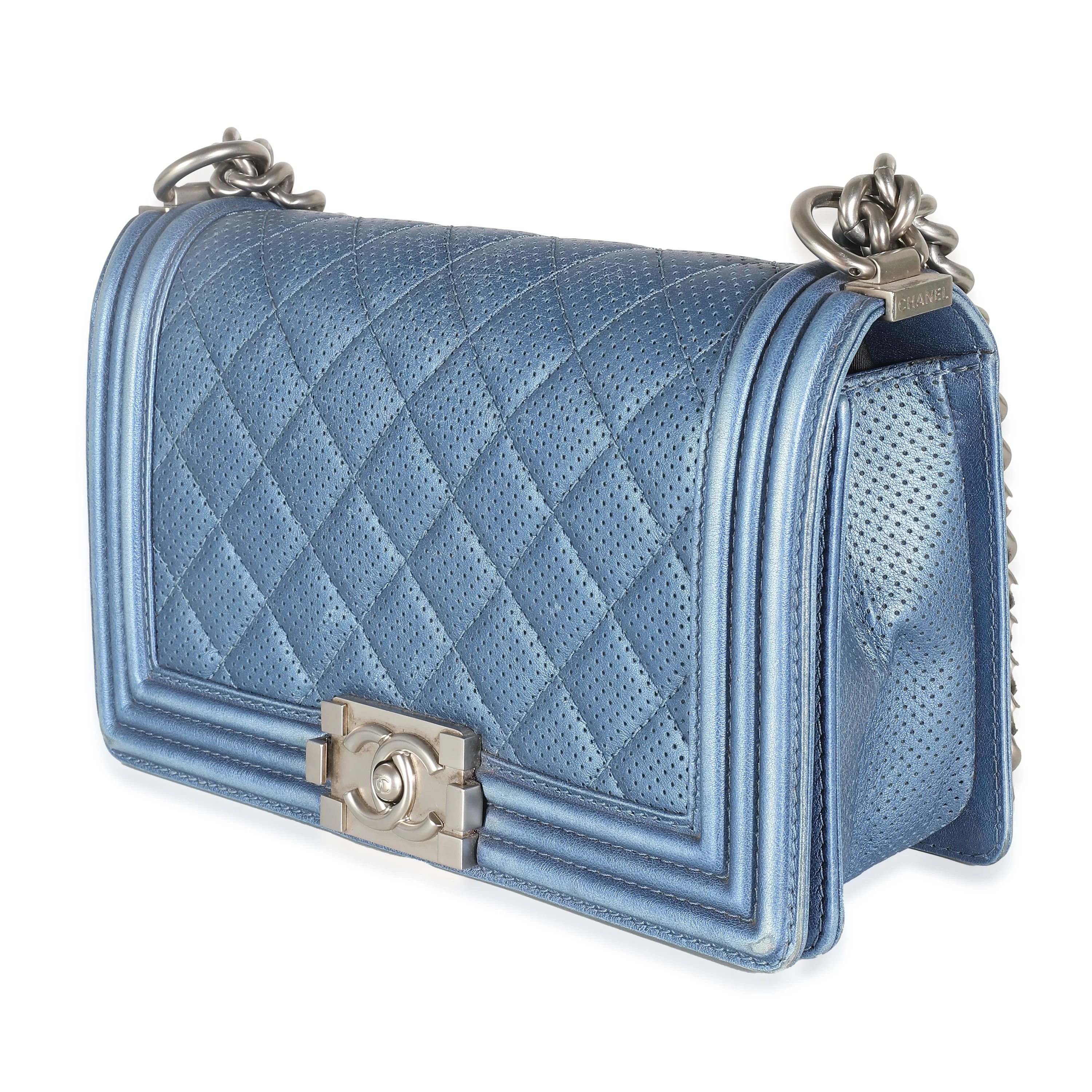 Blue Metallic Quilted Lambskin Perforated Old Medium Boy Bag - Image 2