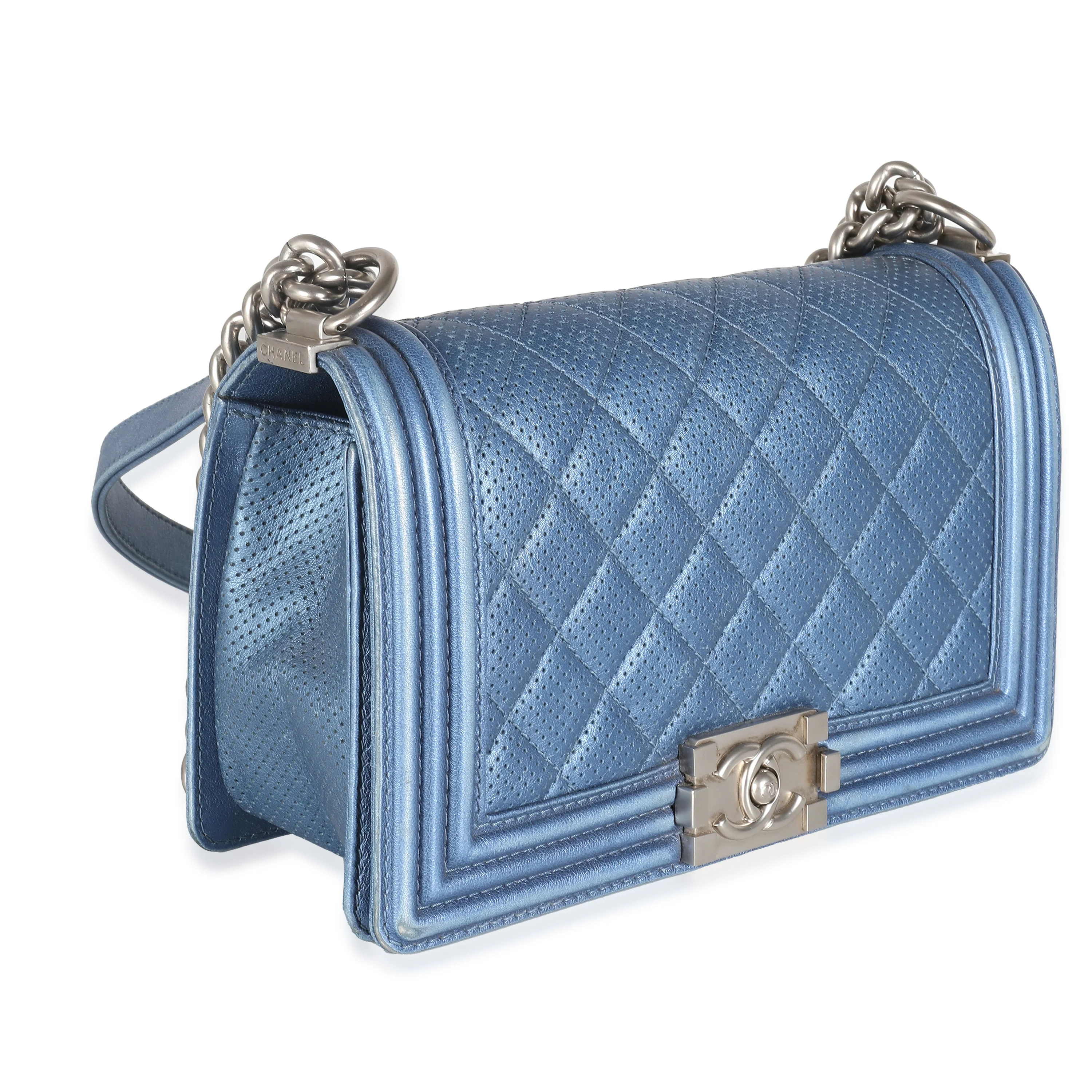 Blue Metallic Quilted Lambskin Perforated Old Medium Boy Bag - Image 3