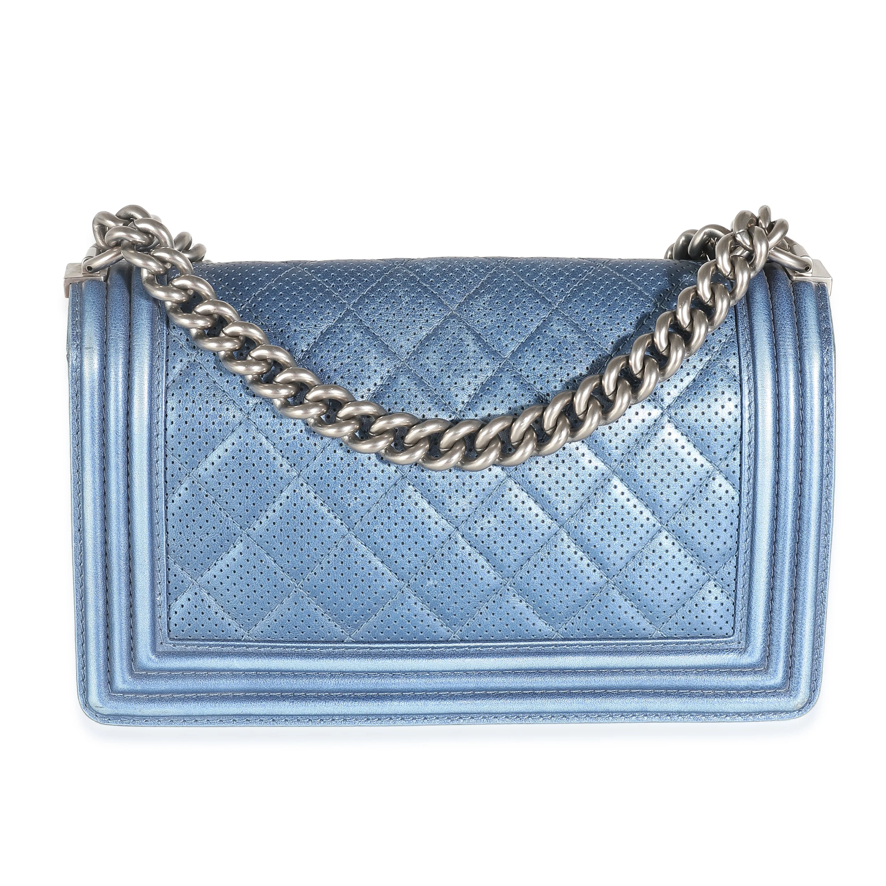 Blue Metallic Quilted Lambskin Perforated Old Medium Boy Bag - Image 4
