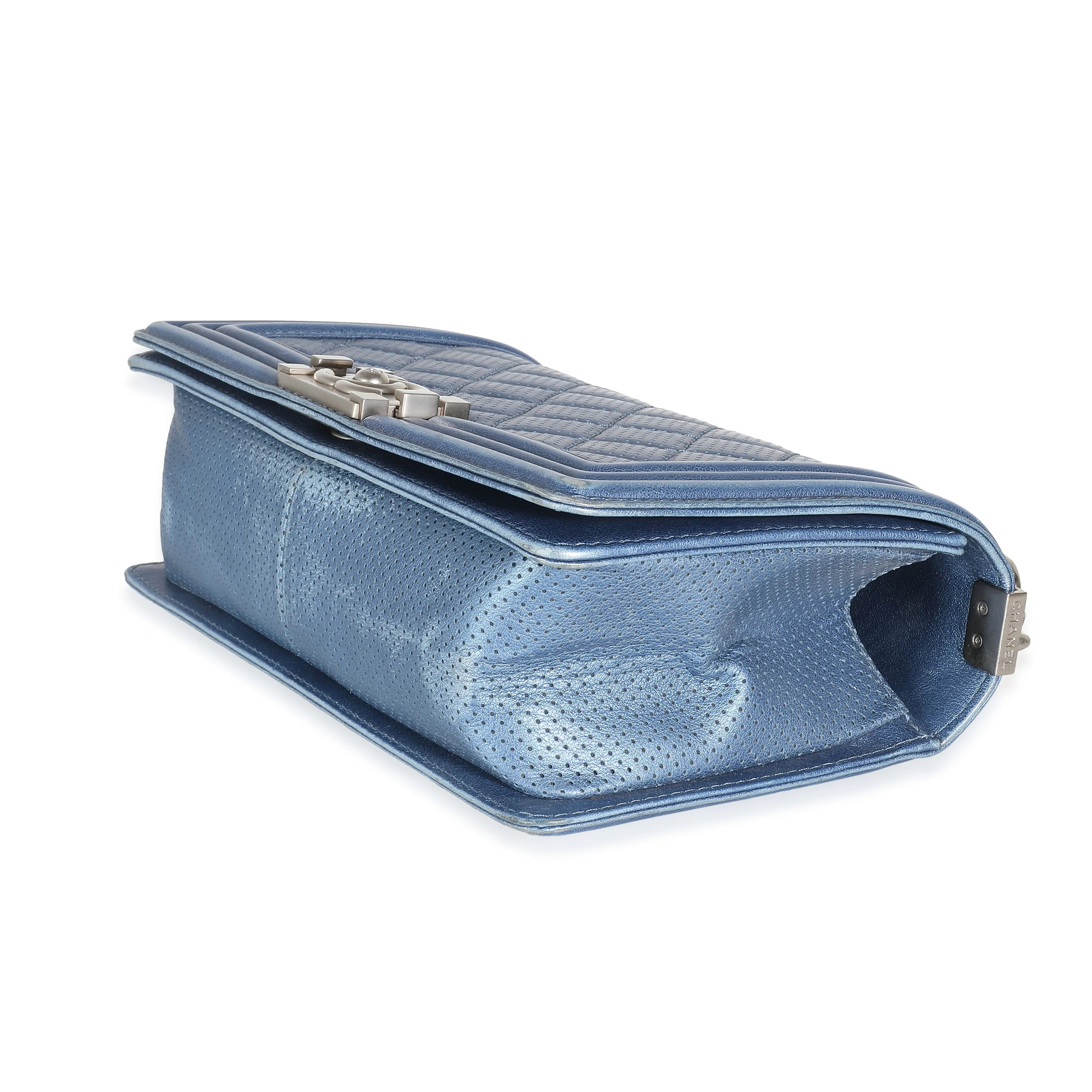 Blue Metallic Quilted Lambskin Perforated Old Medium Boy Bag - Image 7