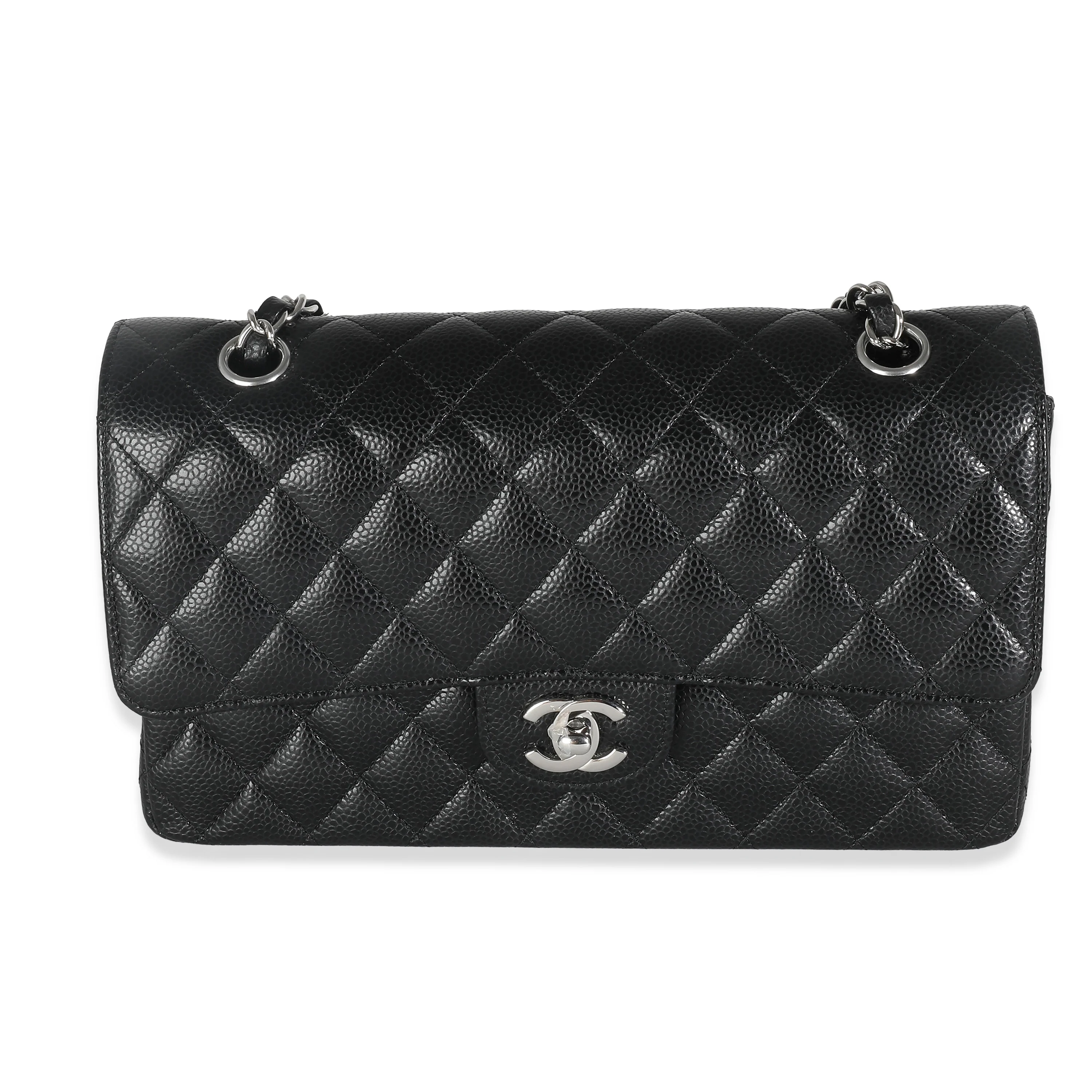 Black Quilted Caviar Medium Classic Double Flap Handbag