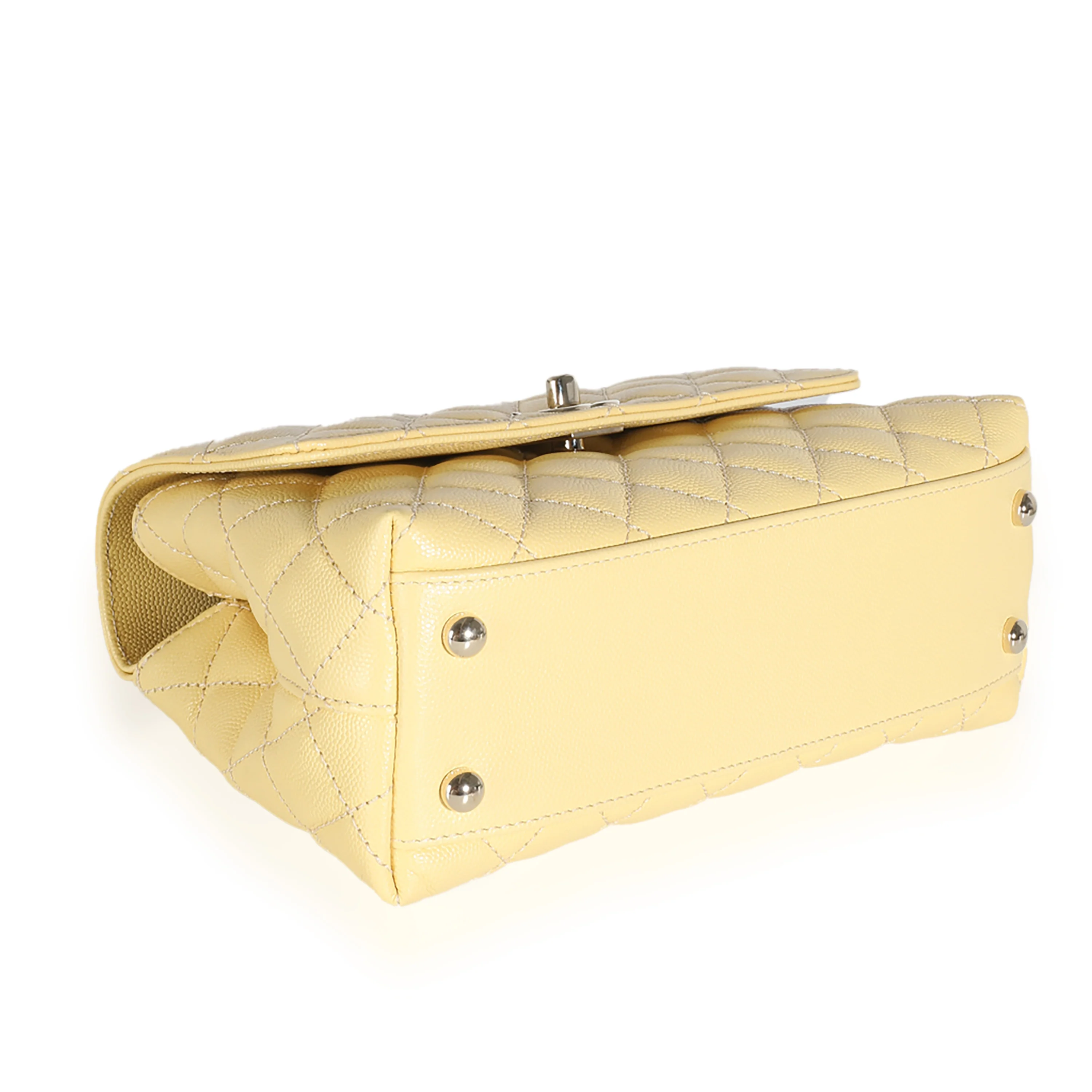 Yellow Quilted Caviar Small Coco Top Handle Bag - Image 6