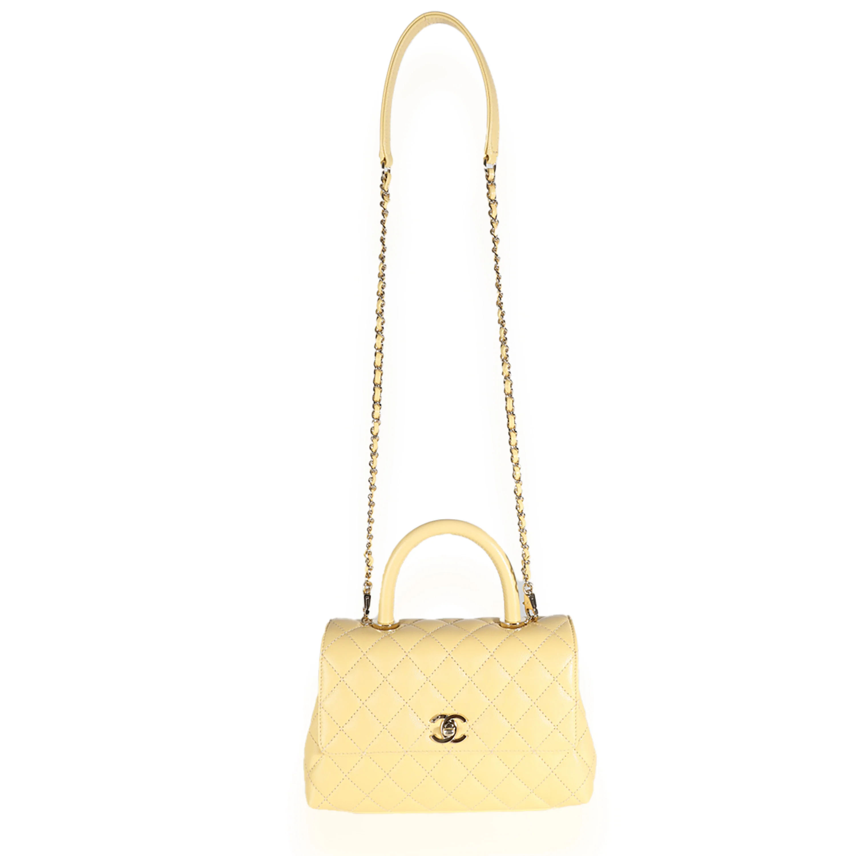Yellow Quilted Caviar Small Coco Top Handle Bag - Image 8