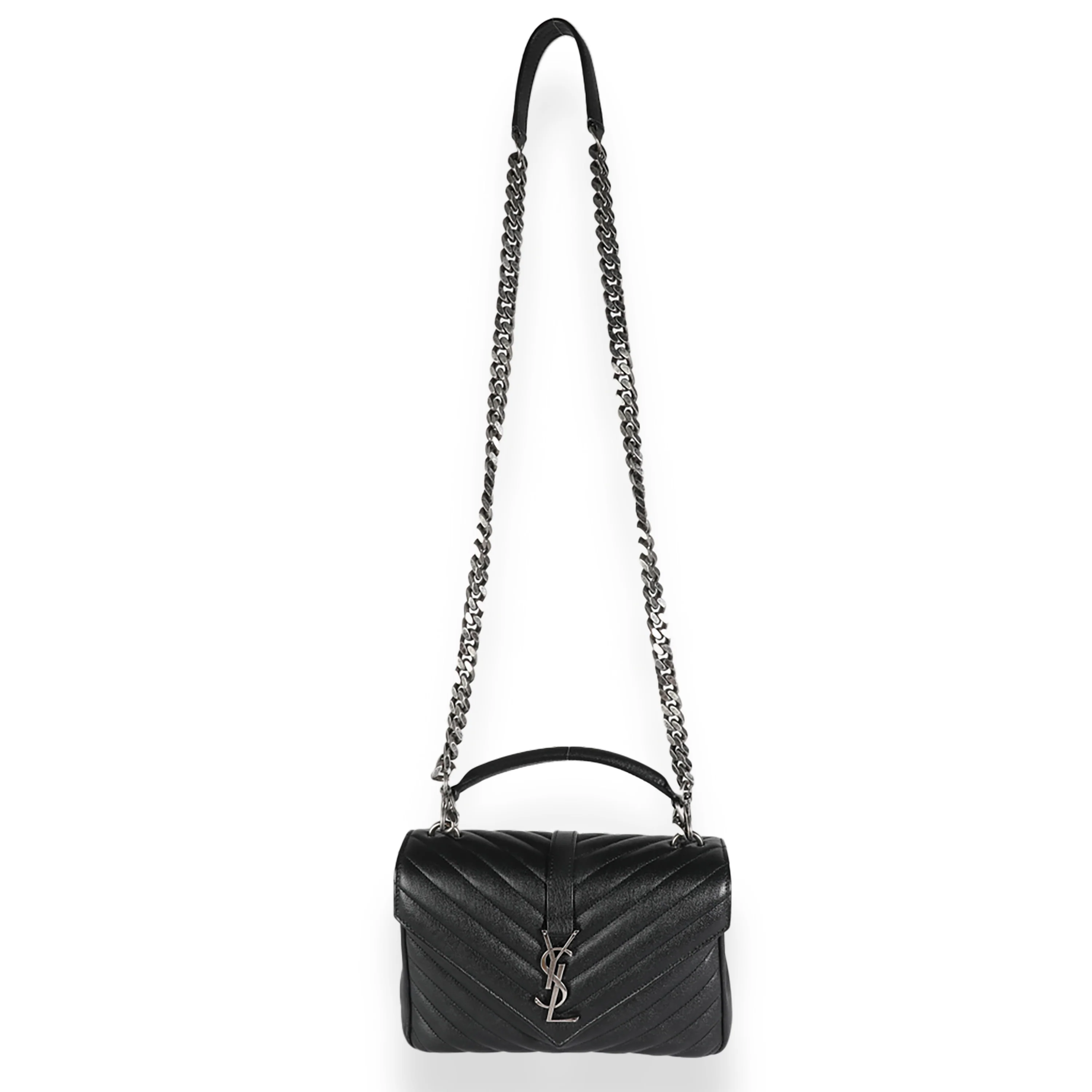 Black Sheepskin Matelasse Chevron Medium College Bag - Image 8