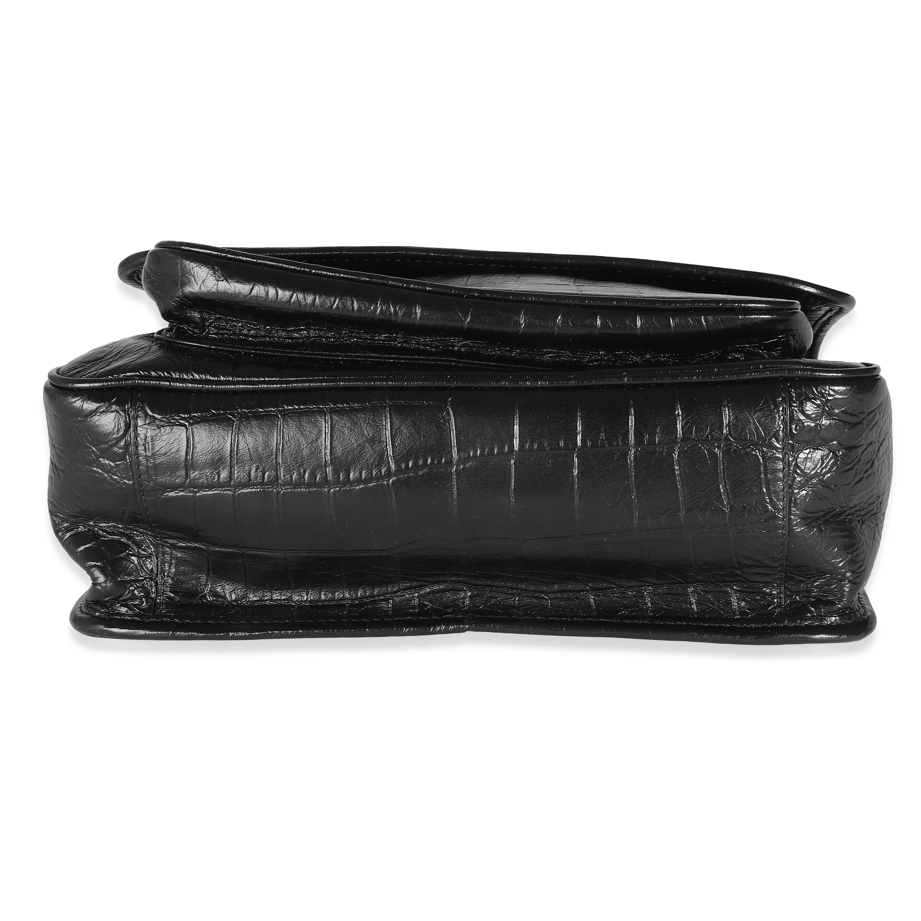 Black Crinkled Calfskin Croc Embossed Medium Niki Chain Satchel - Image 5