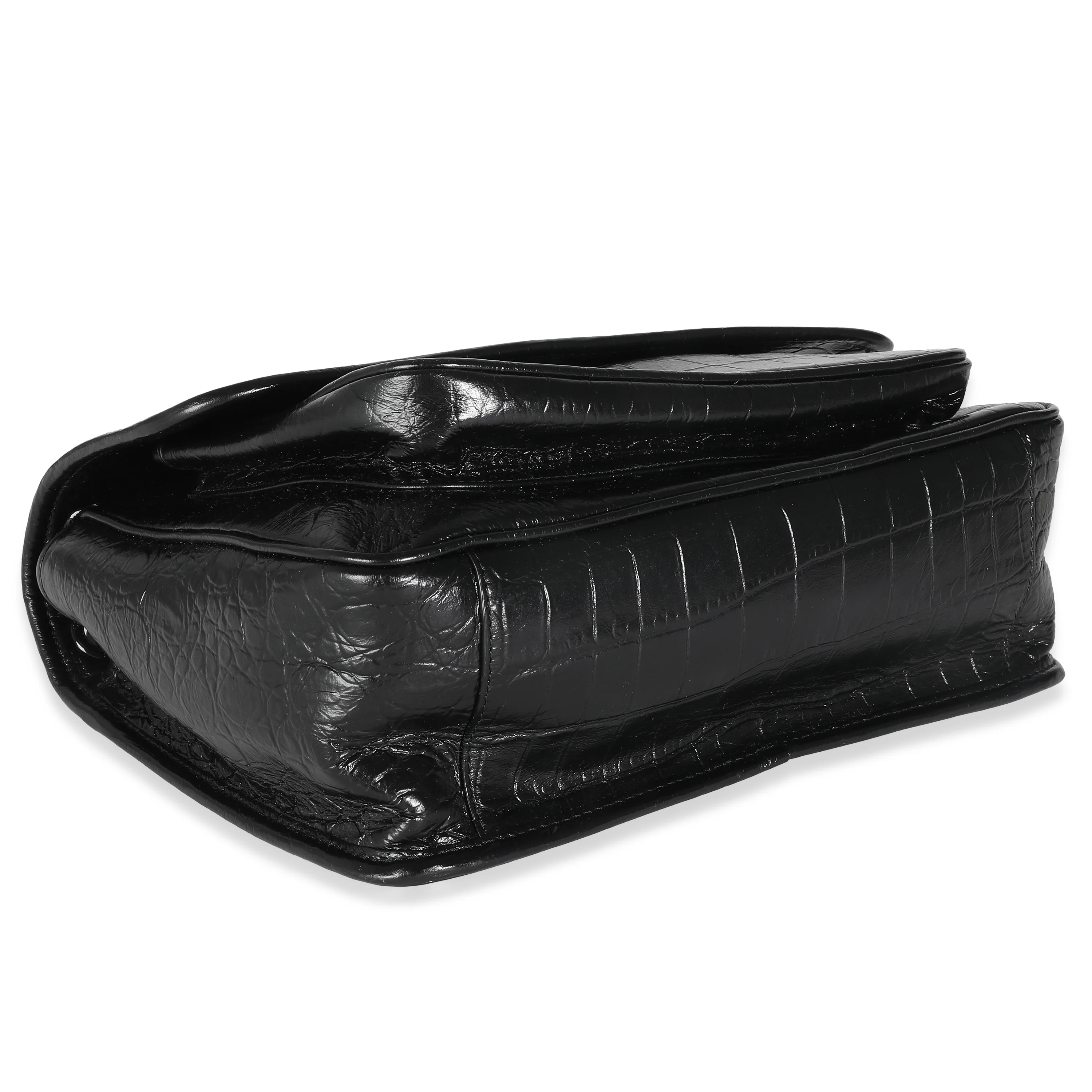 Black Crinkled Calfskin Croc Embossed Medium Niki Chain Satchel - Image 6