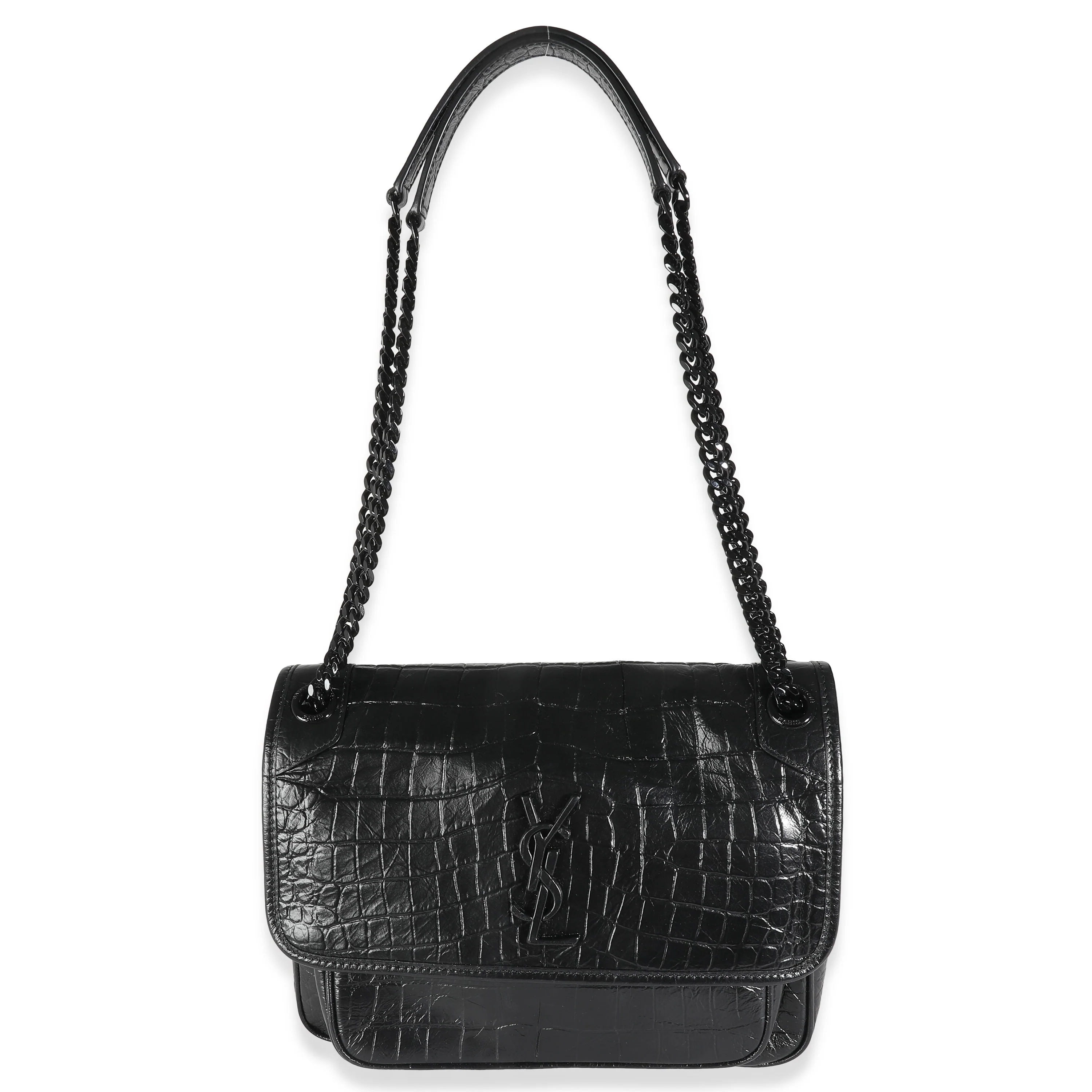 Black Crinkled Calfskin Croc Embossed Medium Niki Chain Satchel - Image 8