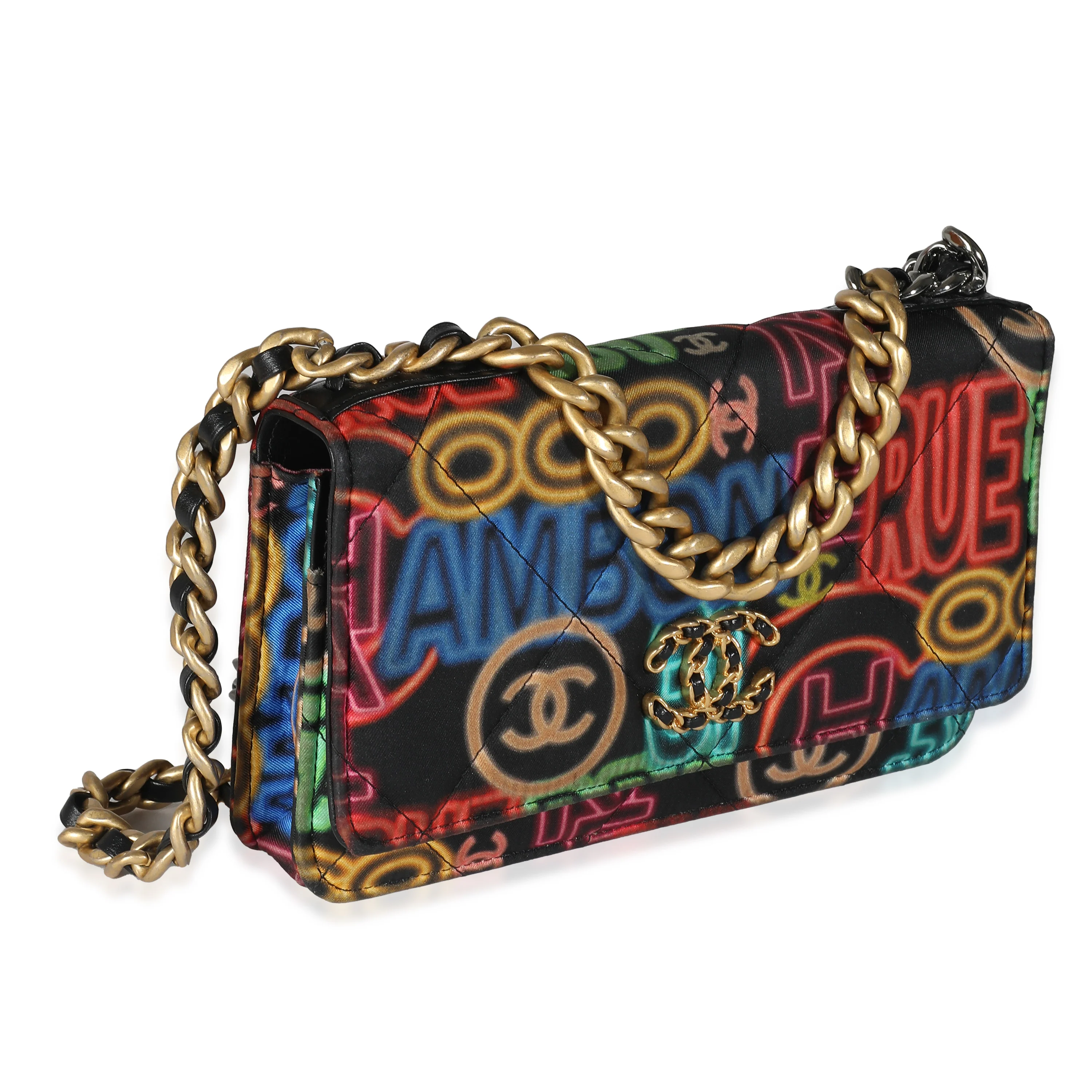Black Multicolor Fabric Printed Chanel 19 Wallet On Chain - Image 2