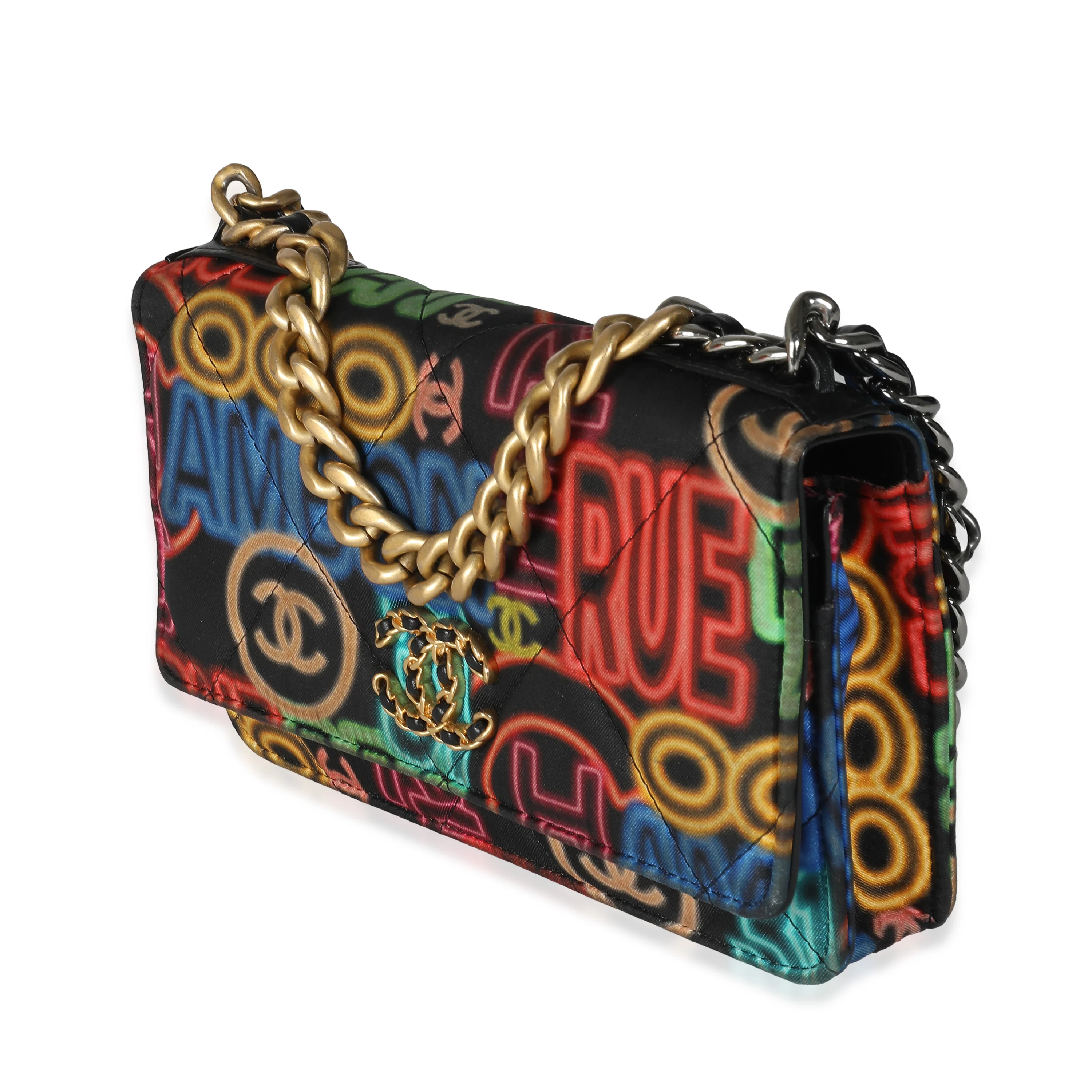 Black Multicolor Fabric Printed Chanel 19 Wallet On Chain - Image 3