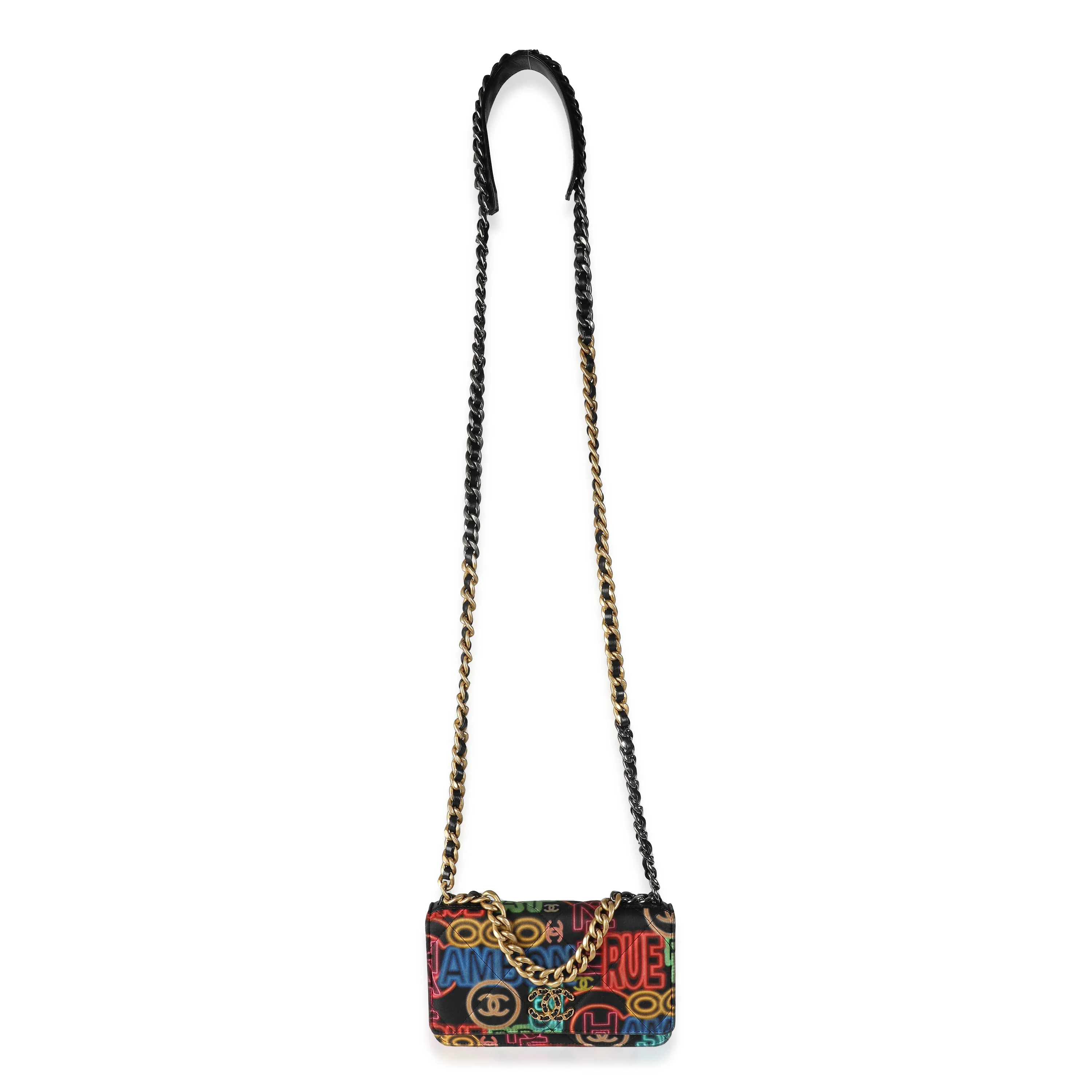 Black Multicolor Fabric Printed Chanel 19 Wallet On Chain - Image 7