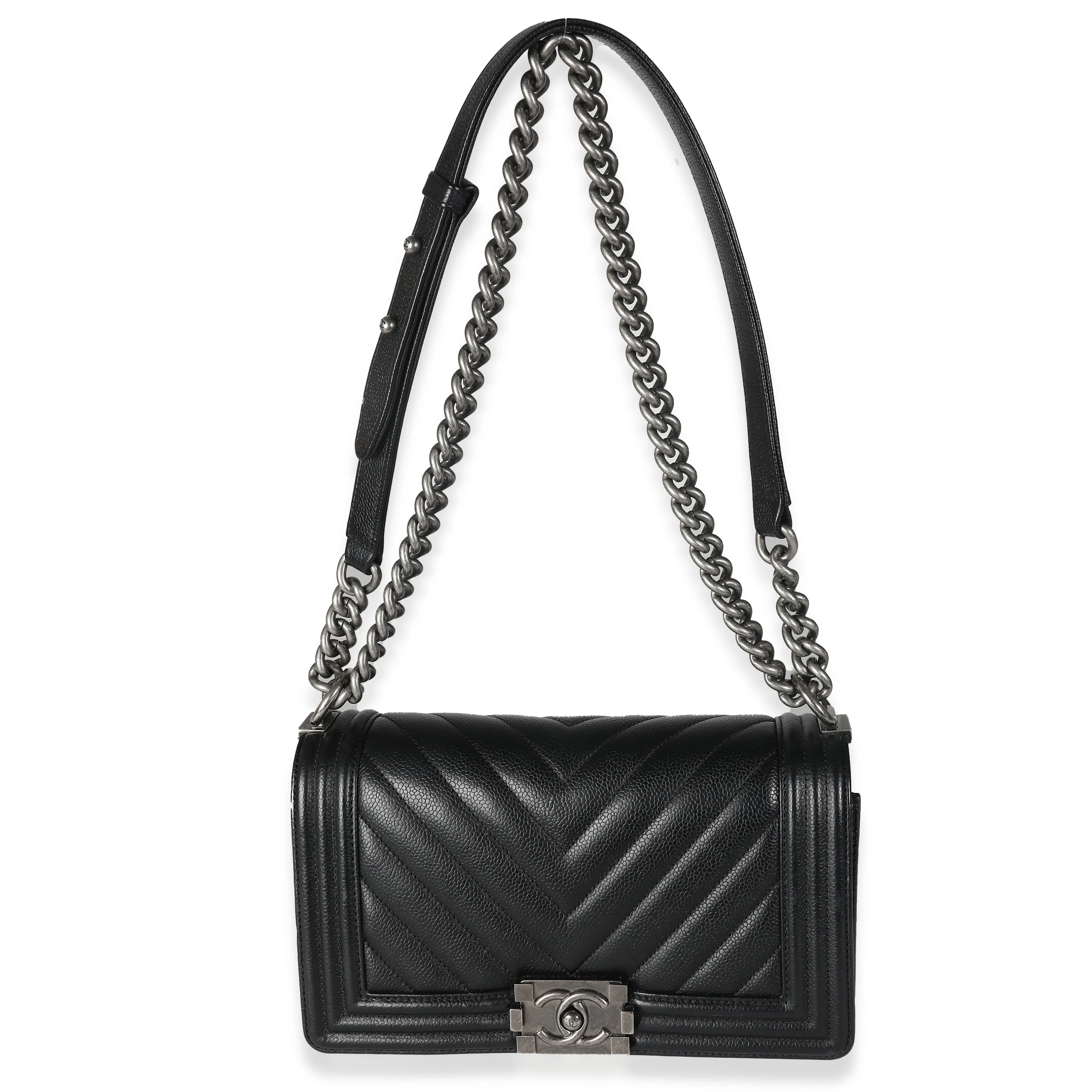 Black Chevron Quilted Caviar Medium Boy Bag - Image 5
