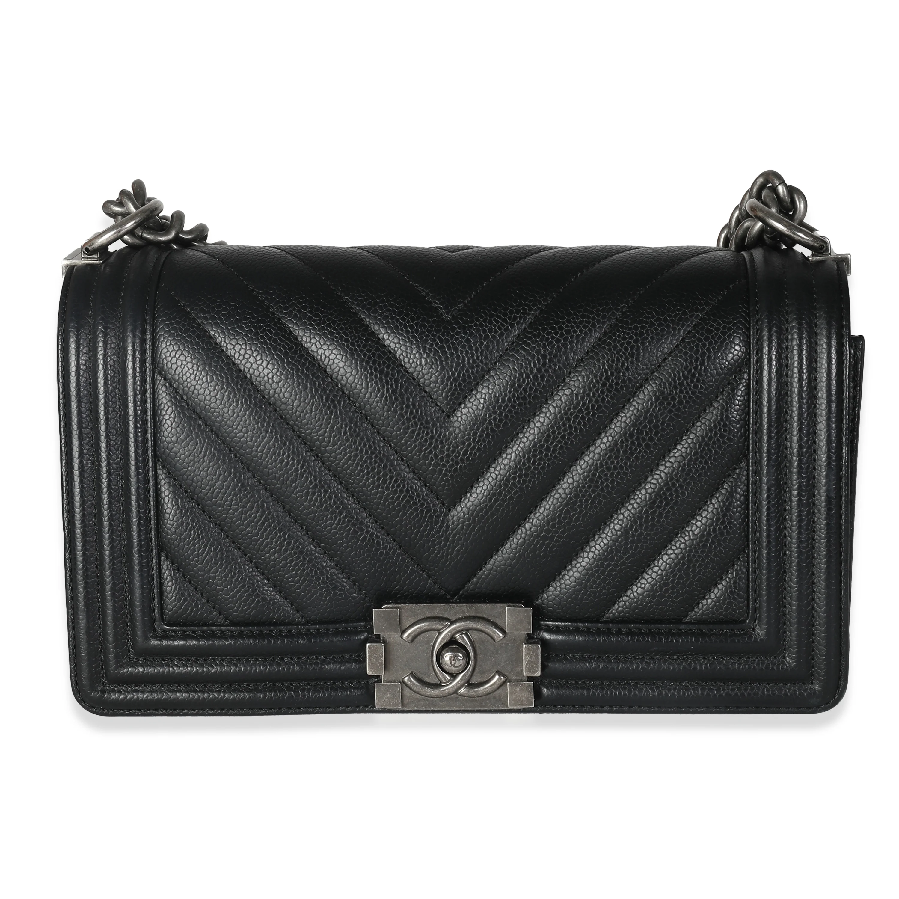 Black Chevron Quilted Caviar Medium Boy Bag - Image 6