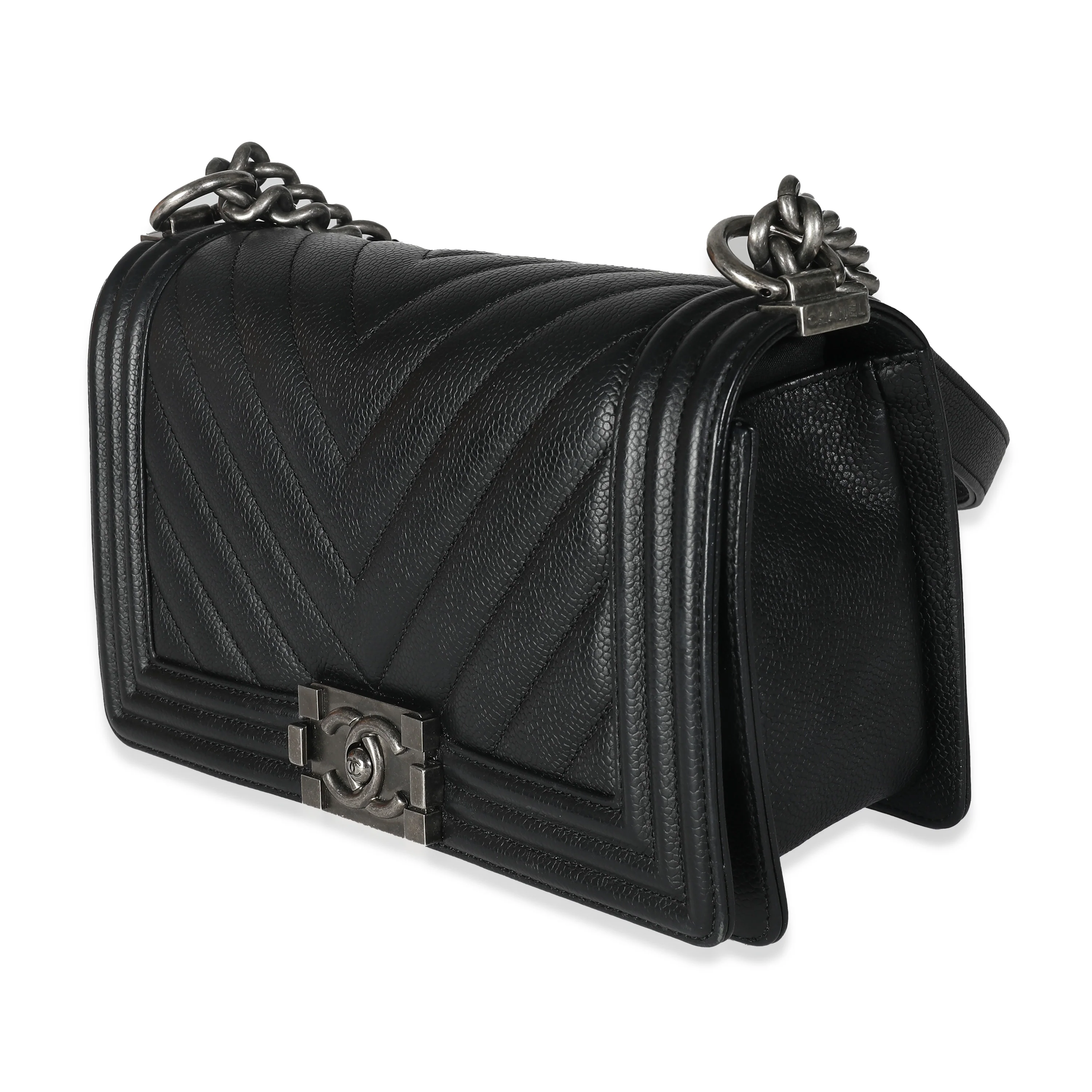 Black Chevron Quilted Caviar Medium Boy Bag - Image 7