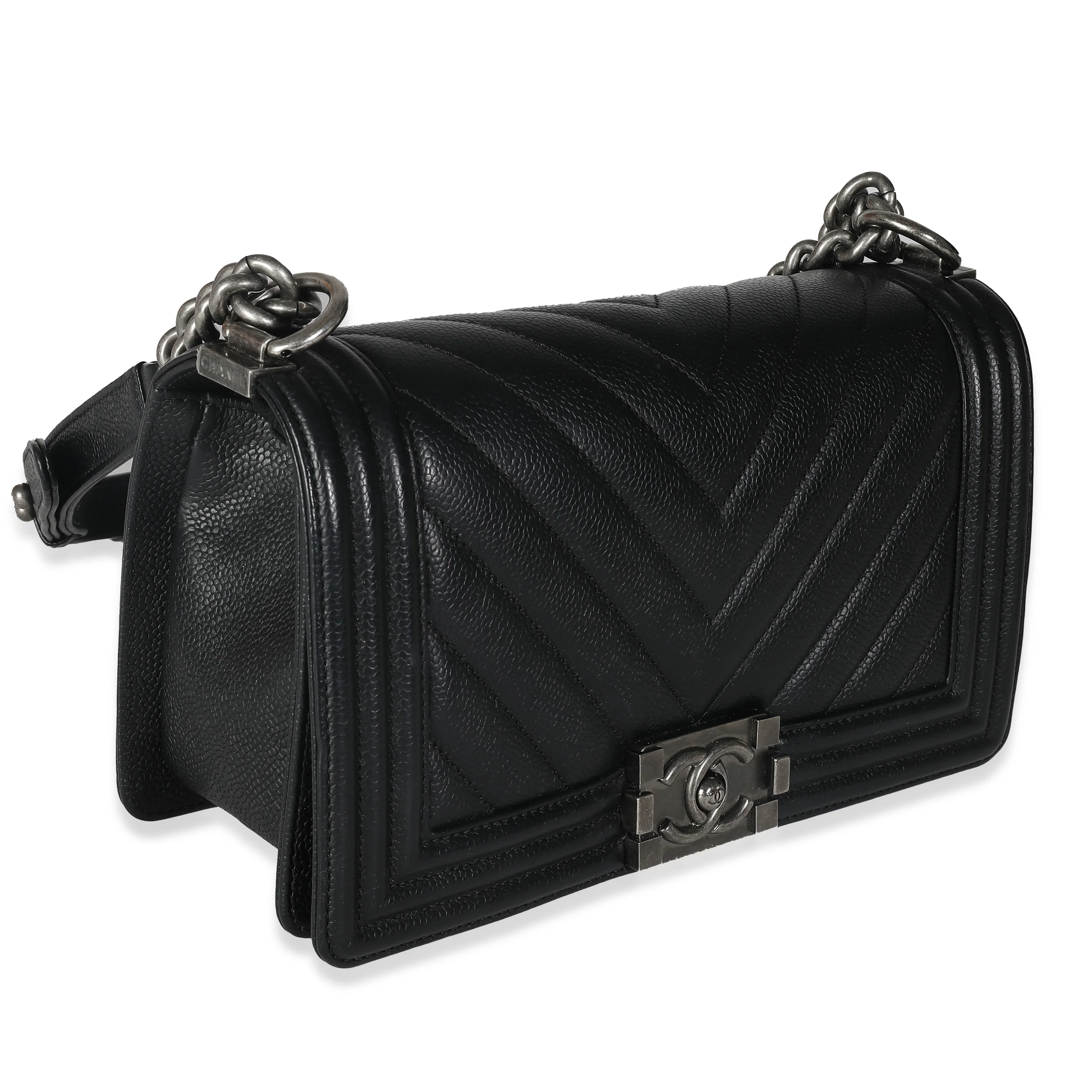 Black Chevron Quilted Caviar Medium Boy Bag - Image 8