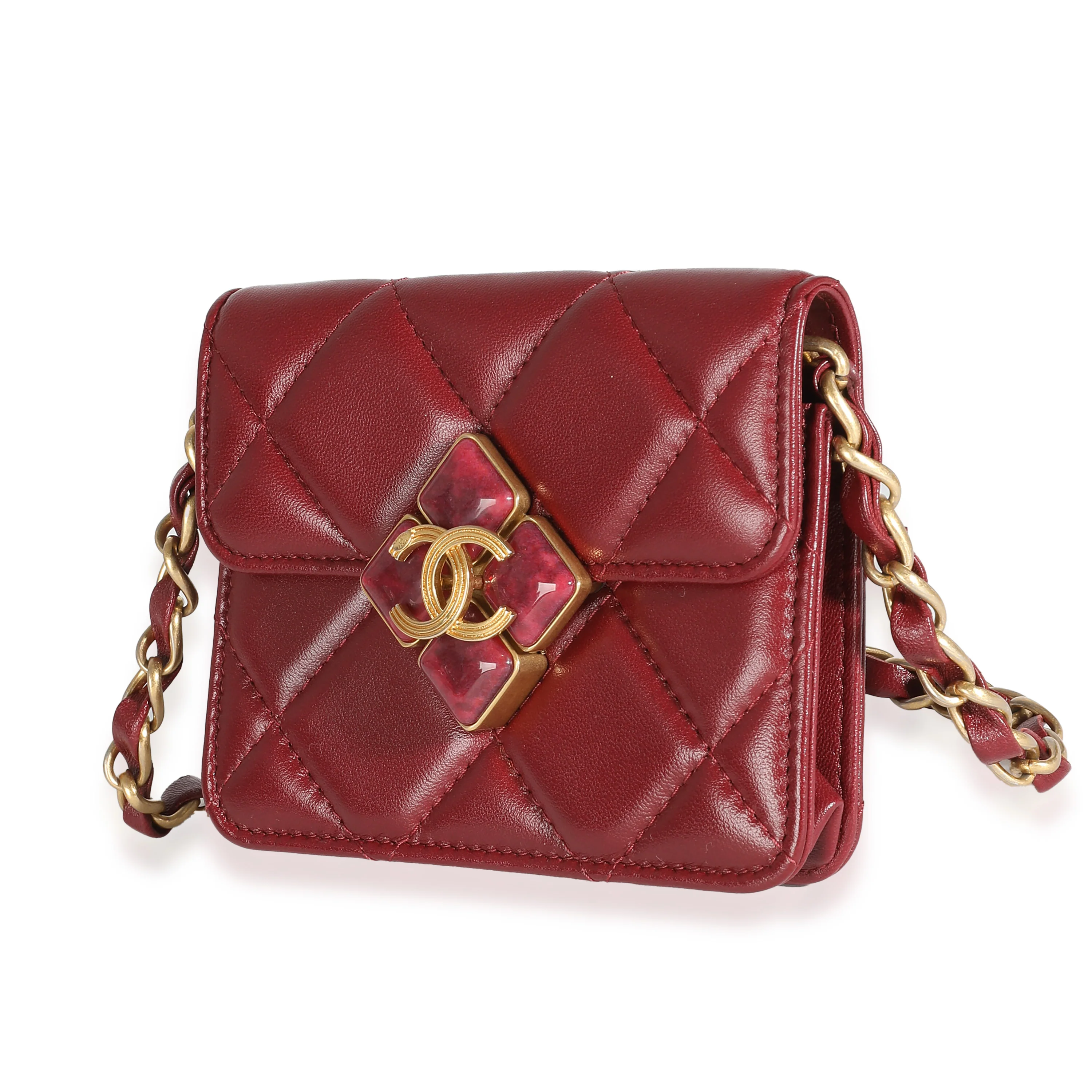 Burgundy Quilted Lambskin Diamond Lock Mini Bag With Chain - Image 2