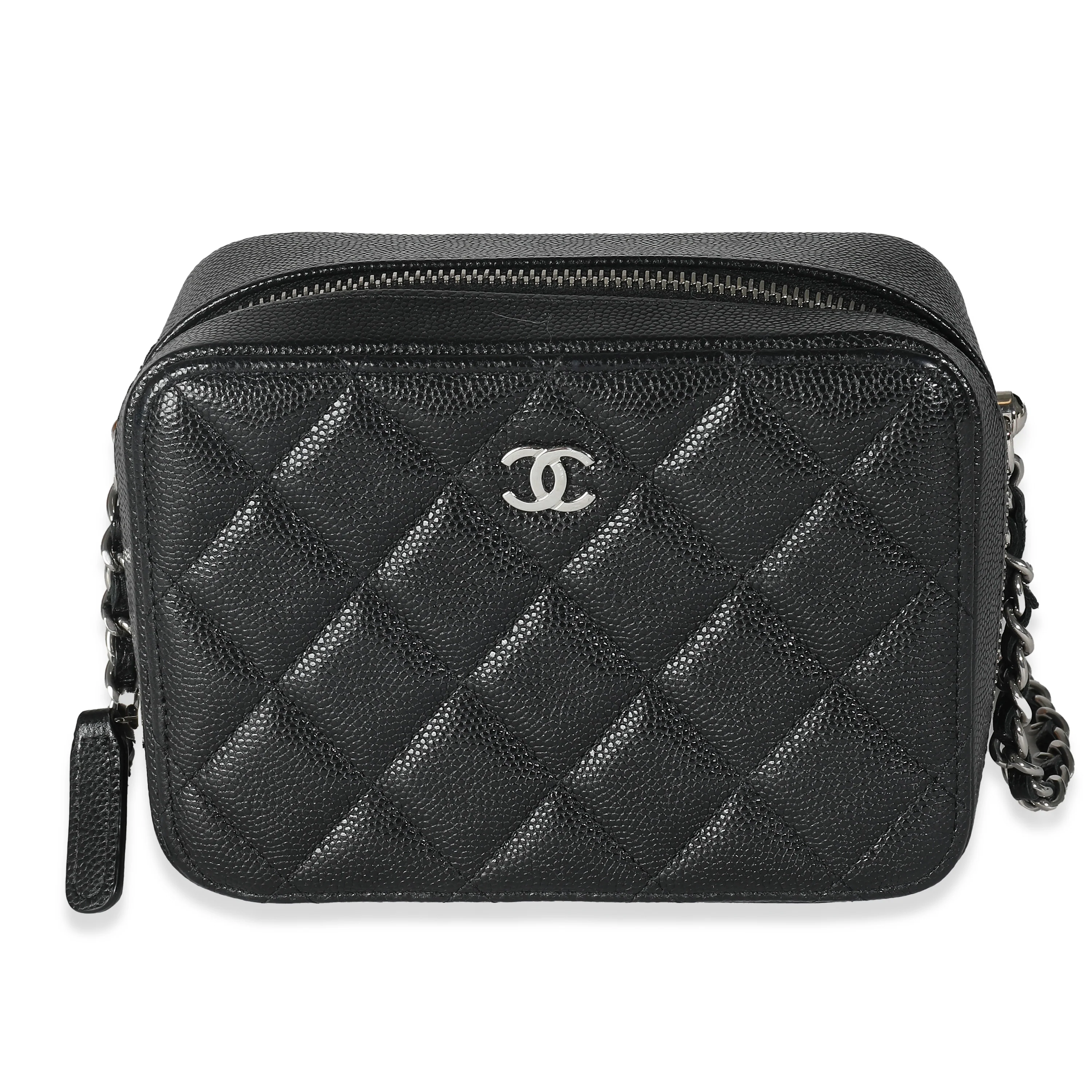 Black Quilted Caviar Square Zip Around Camera Handbag